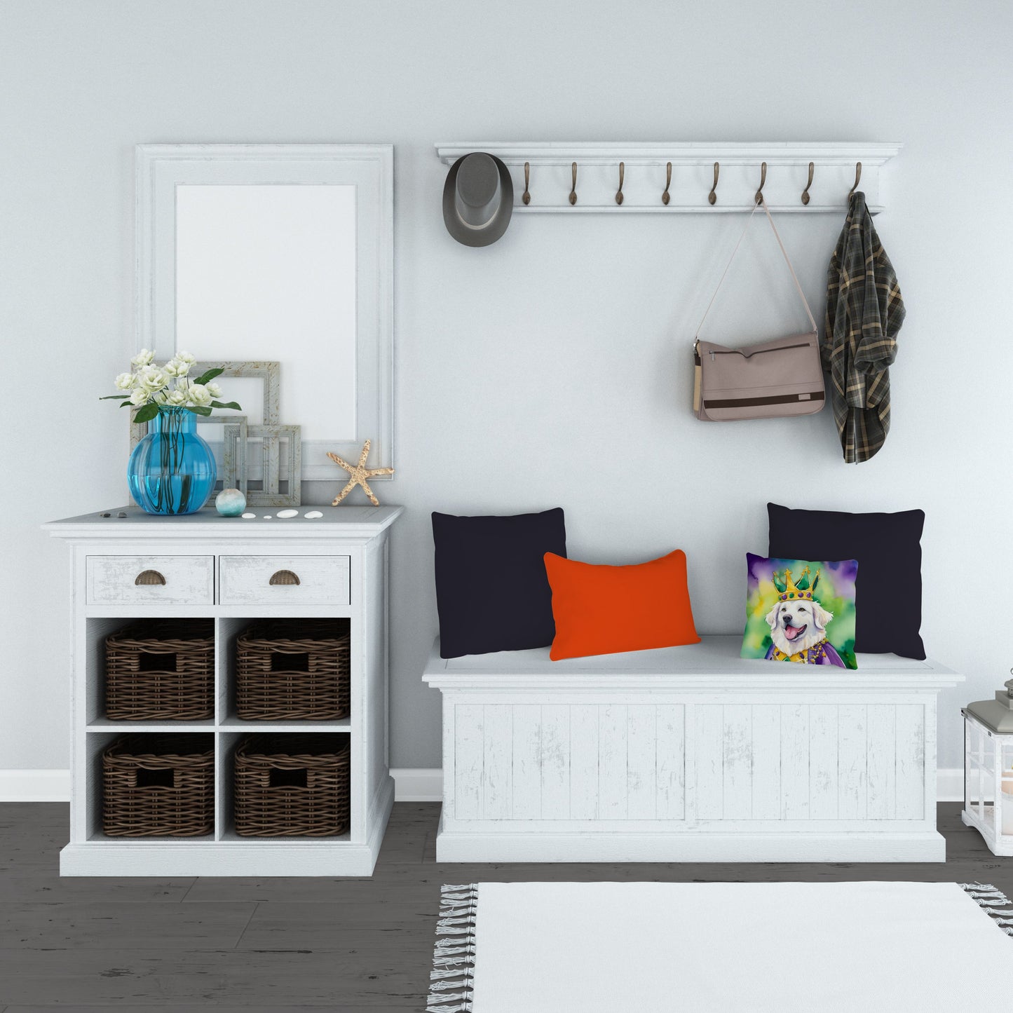 Kuvasz King of Mardi Gras Throw Pillow Machine Washable, Indoor Outdoor Decorative Pillow for Couch, Bed or Patio, 14Hx14W