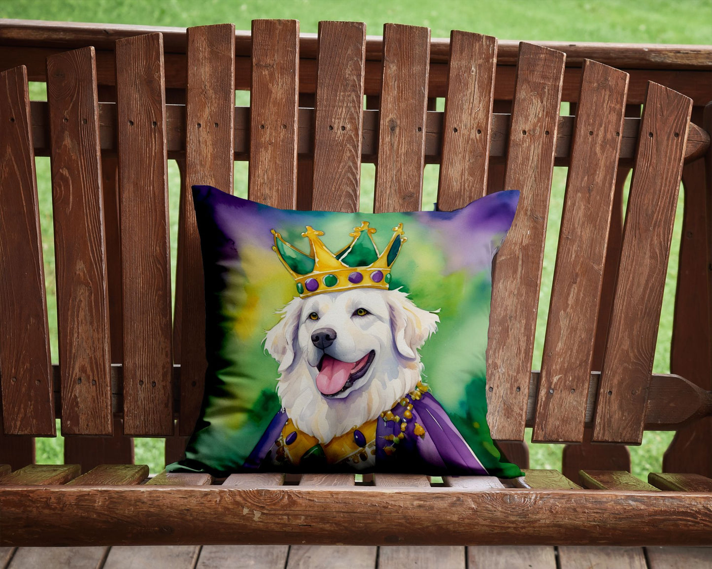 Kuvasz King of Mardi Gras Throw Pillow Machine Washable, Indoor Outdoor Decorative Pillow for Couch, Bed or Patio, 14Hx14W