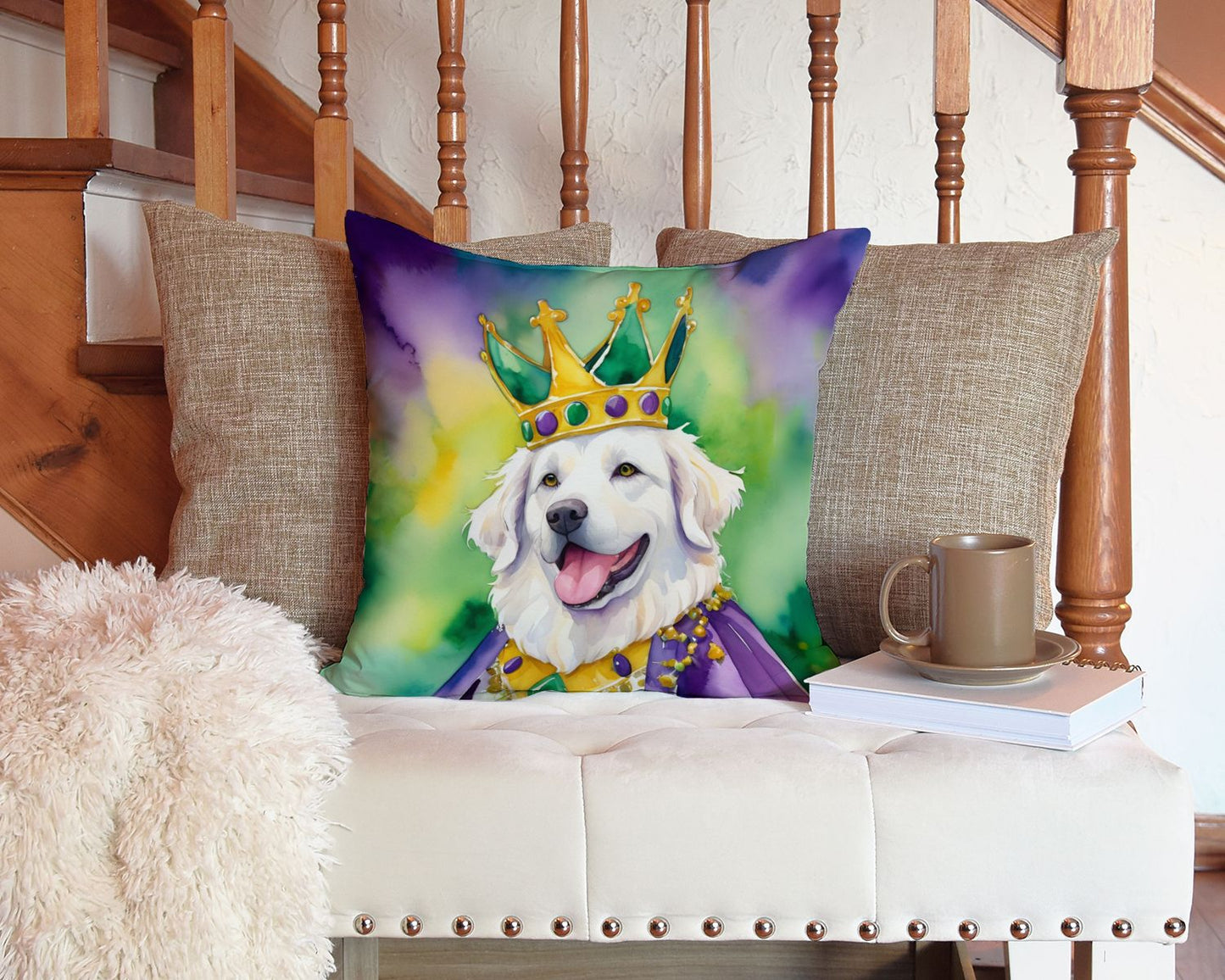 Kuvasz King of Mardi Gras Throw Pillow Machine Washable, Indoor Outdoor Decorative Pillow for Couch, Bed or Patio, 14Hx14W