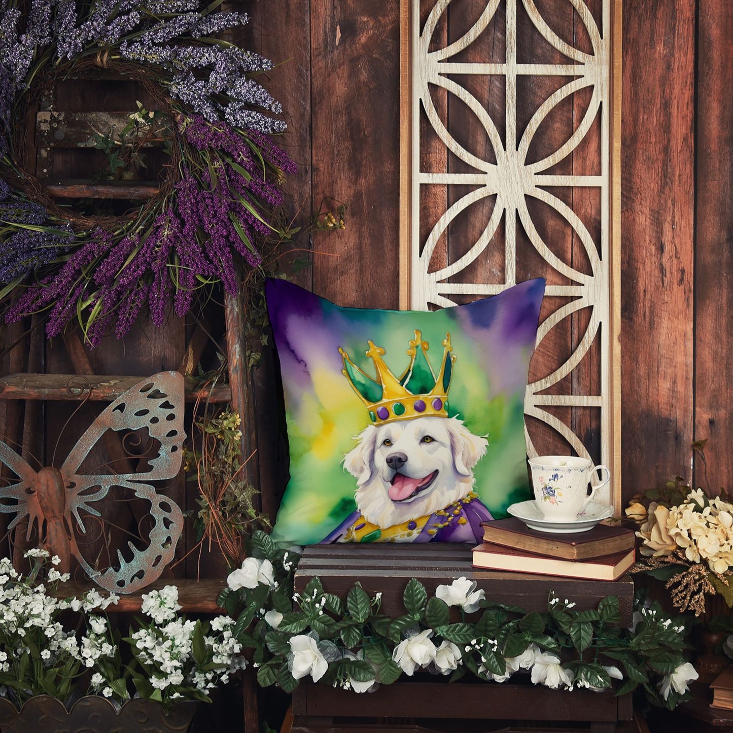 Kuvasz King of Mardi Gras Throw Pillow Machine Washable, Indoor Outdoor Decorative Pillow for Couch, Bed or Patio, 14Hx14W