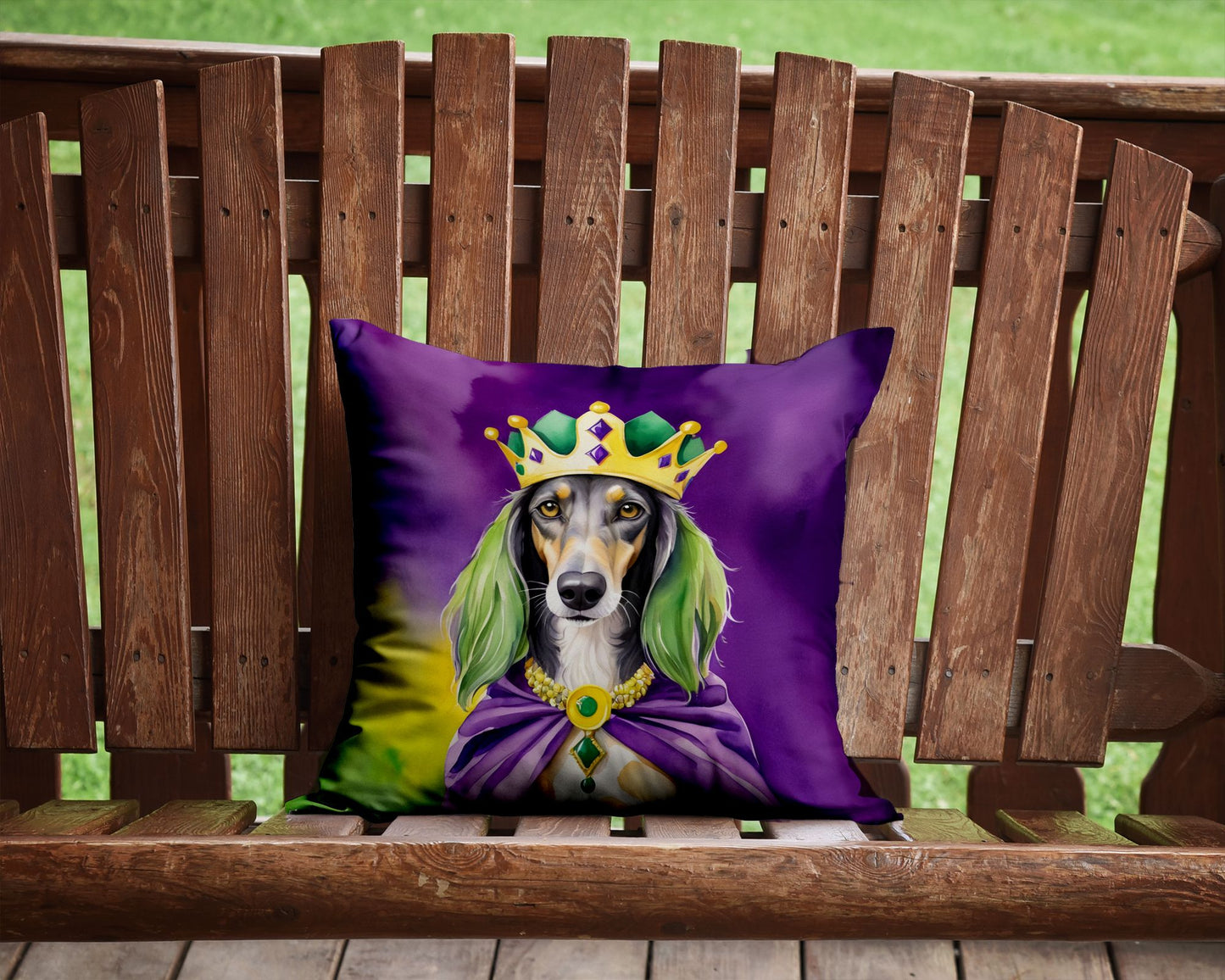 Saluki King of Mardi Gras Throw Pillow Machine Washable, Indoor Outdoor Decorative Pillow for Couch, Bed or Patio, 14Hx14W