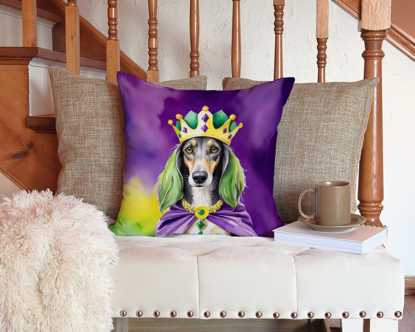 Saluki King of Mardi Gras Throw Pillow Machine Washable, Indoor Outdoor Decorative Pillow for Couch, Bed or Patio, 14Hx14W