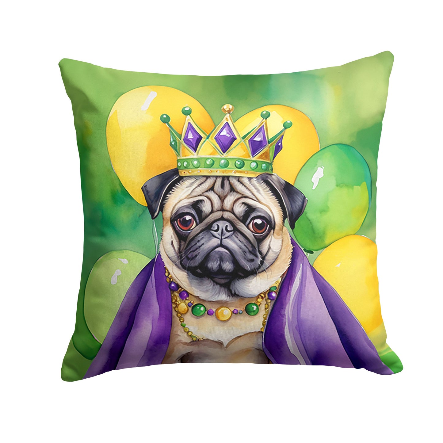 Pug King of Mardi Gras Throw Pillow Machine Washable, Indoor Outdoor Decorative Pillow for Couch, Bed or Patio, 14Hx14W