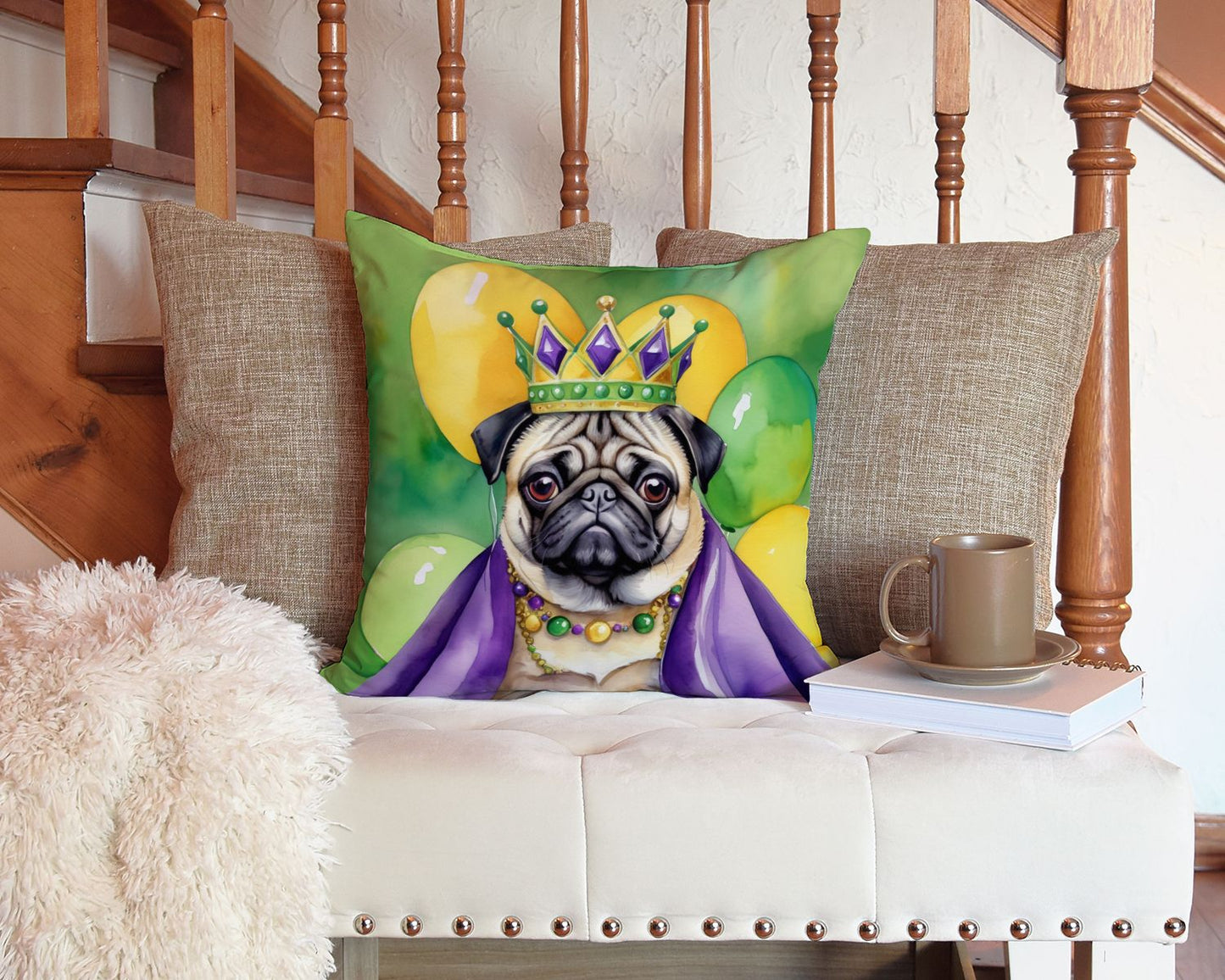 Pug King of Mardi Gras Throw Pillow Machine Washable, Indoor Outdoor Decorative Pillow for Couch, Bed or Patio, 14Hx14W