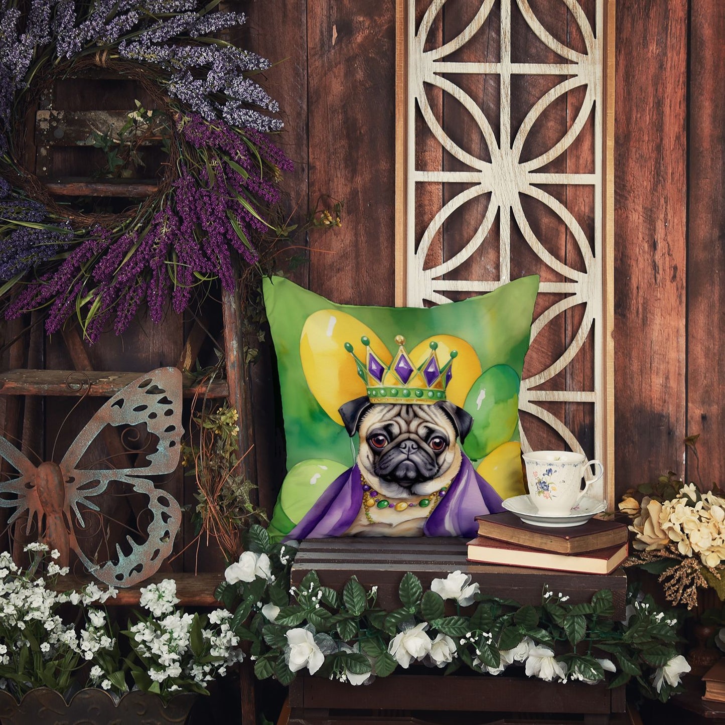 Pug King of Mardi Gras Throw Pillow Machine Washable, Indoor Outdoor Decorative Pillow for Couch, Bed or Patio, 14Hx14W
