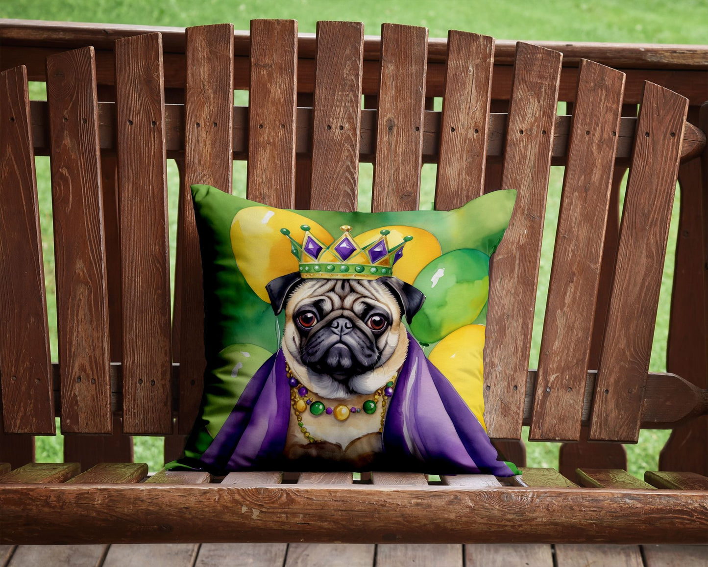 Pug King of Mardi Gras Throw Pillow Machine Washable, Indoor Outdoor Decorative Pillow for Couch, Bed or Patio, 14Hx14W