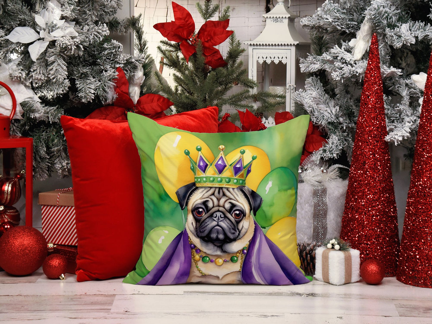 Pug King of Mardi Gras Throw Pillow Machine Washable, Indoor Outdoor Decorative Pillow for Couch, Bed or Patio, 14Hx14W