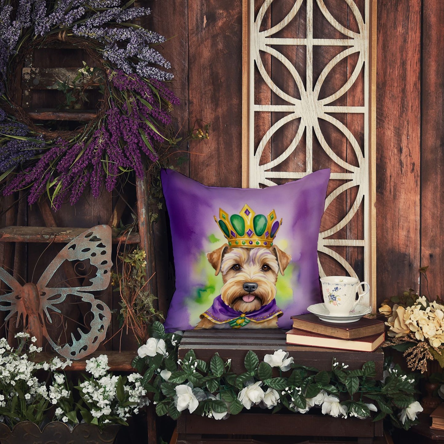 Wheaten Terrier King of Mardi Gras Throw Pillow Machine Washable, Indoor Outdoor Decorative Pillow for Couch, Bed or Patio, 14Hx14W