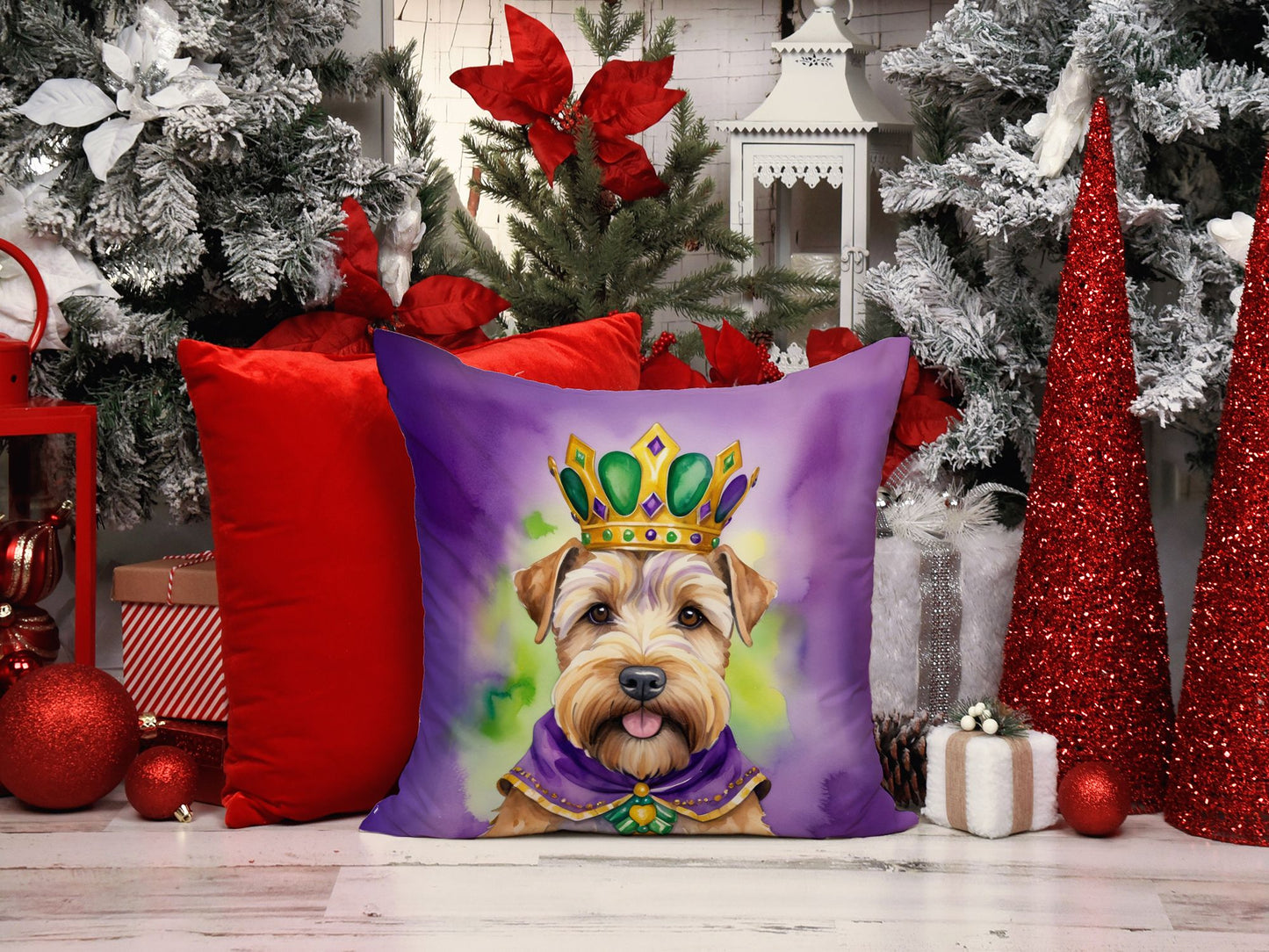 Wheaten Terrier King of Mardi Gras Throw Pillow Machine Washable, Indoor Outdoor Decorative Pillow for Couch, Bed or Patio, 14Hx14W