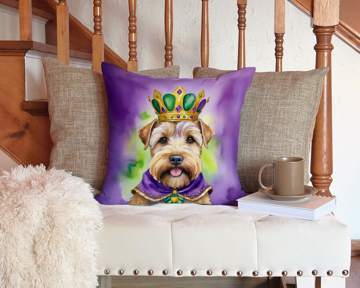 Wheaten Terrier King of Mardi Gras Throw Pillow Machine Washable, Indoor Outdoor Decorative Pillow for Couch, Bed or Patio, 14Hx14W