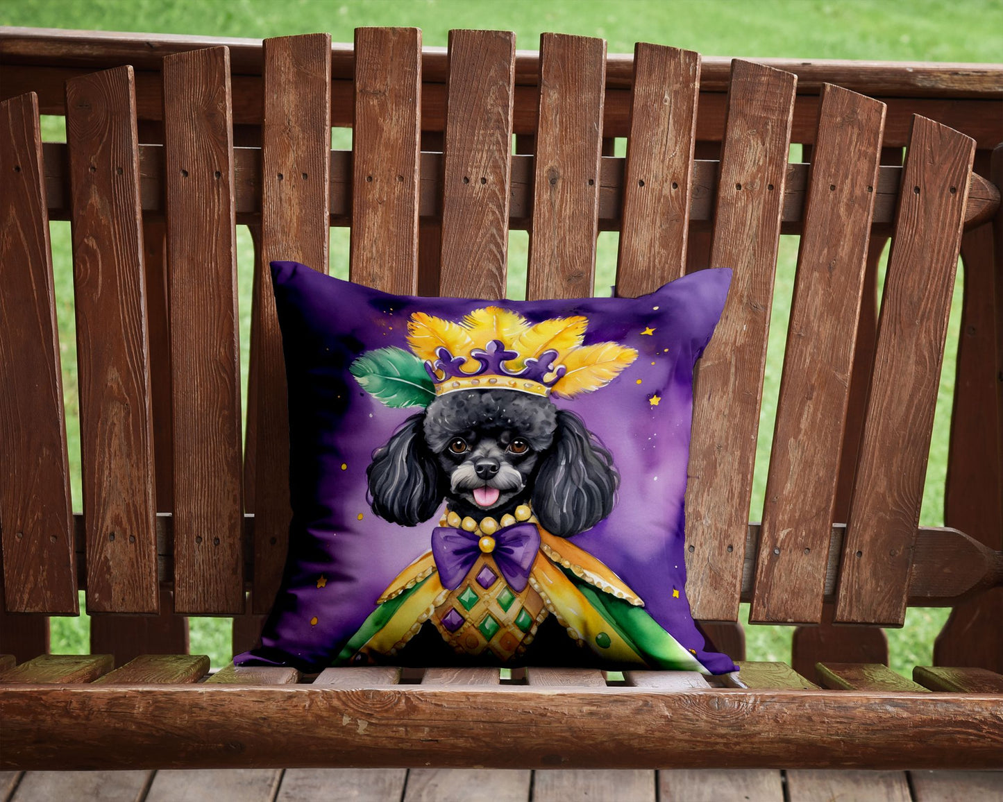 Black Poodle King of Mardi Gras Throw Pillow Machine Washable, Indoor Outdoor Decorative Pillow for Couch, Bed or Patio, 14Hx14W