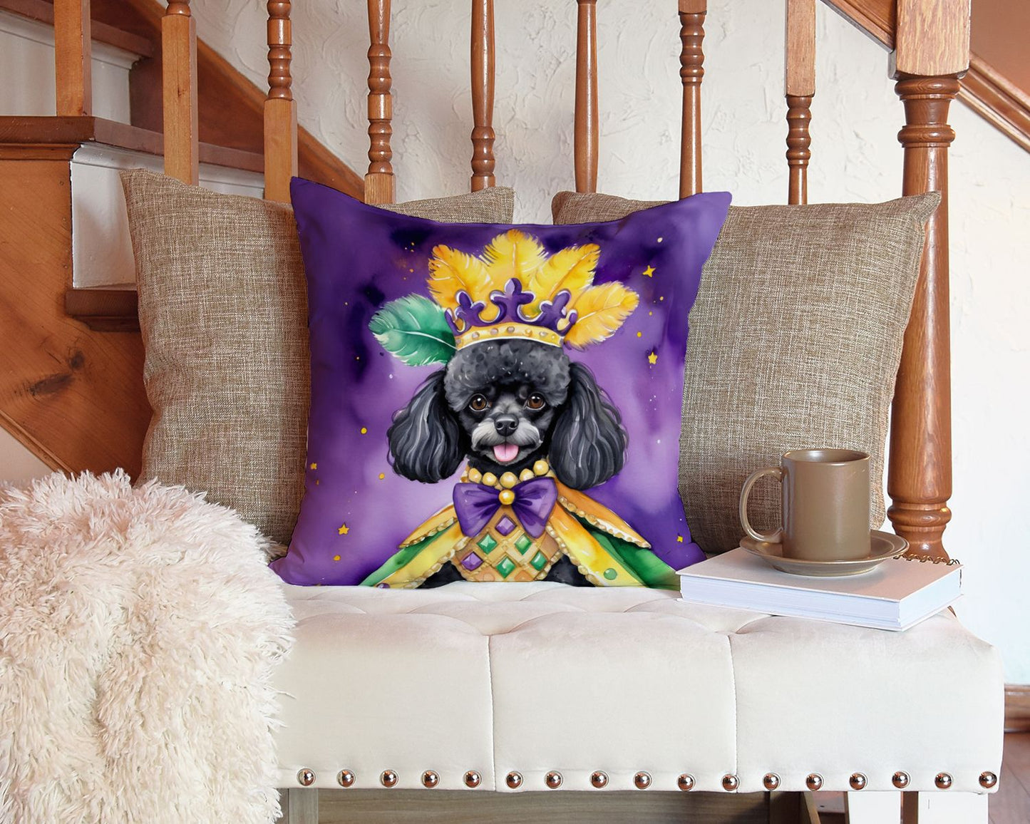 Black Poodle King of Mardi Gras Throw Pillow Machine Washable, Indoor Outdoor Decorative Pillow for Couch, Bed or Patio, 14Hx14W