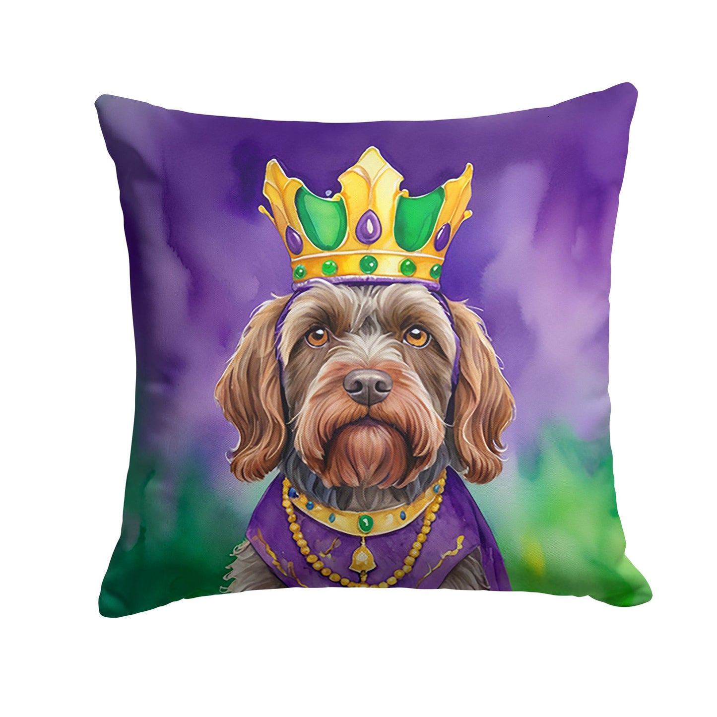Wirehaired Pointing Griffon King of Mardi Gras Throw Pillow Machine Washable, Indoor Outdoor Decorative Pillow for Couch, Bed or Patio, 14Hx14W