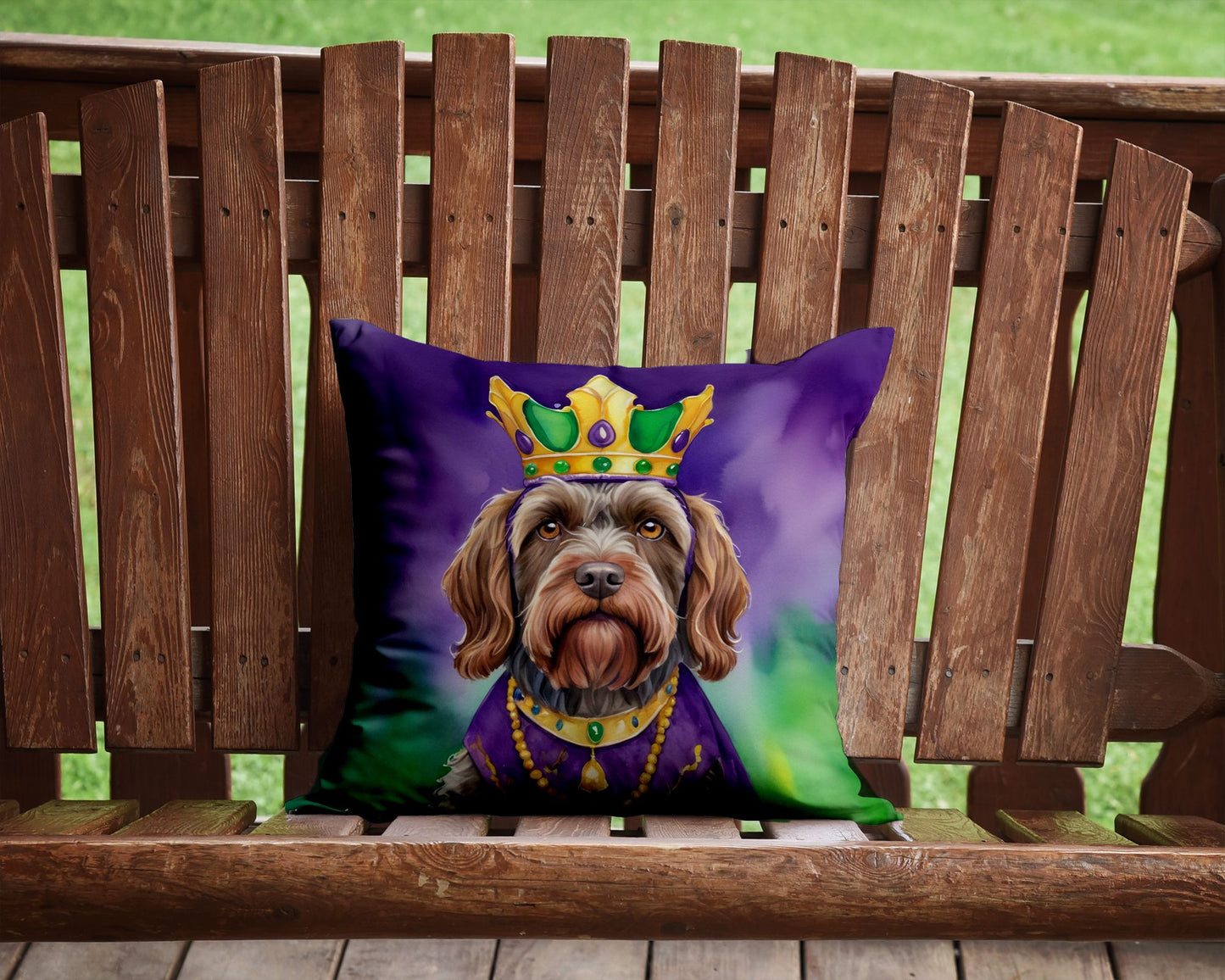 Wirehaired Pointing Griffon King of Mardi Gras Throw Pillow Machine Washable, Indoor Outdoor Decorative Pillow for Couch, Bed or Patio, 14Hx14W