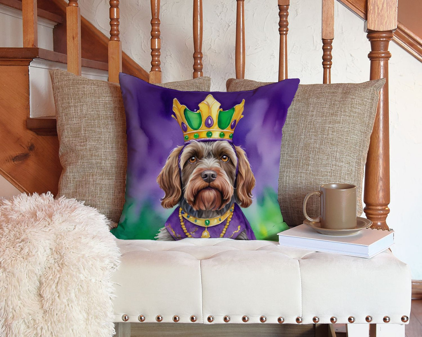 Wirehaired Pointing Griffon King of Mardi Gras Throw Pillow Machine Washable, Indoor Outdoor Decorative Pillow for Couch, Bed or Patio, 14Hx14W