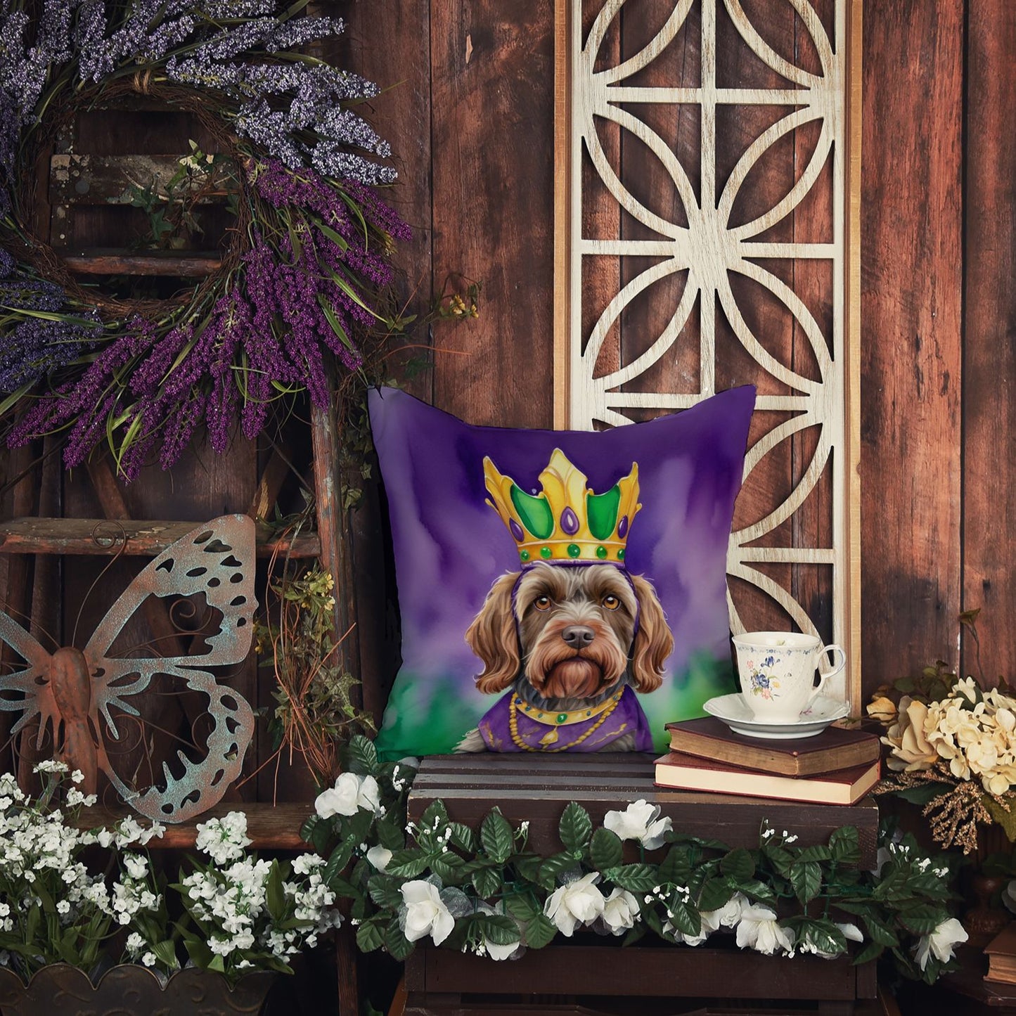 Wirehaired Pointing Griffon King of Mardi Gras Throw Pillow Machine Washable, Indoor Outdoor Decorative Pillow for Couch, Bed or Patio, 14Hx14W