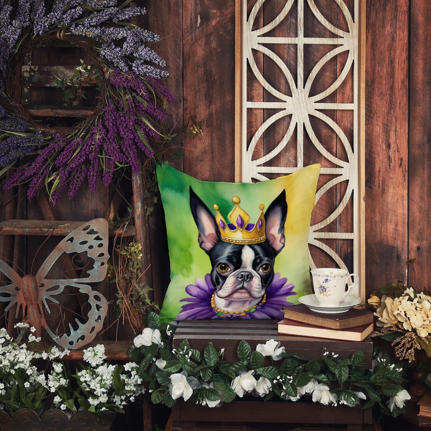 Boston Terrier King of Mardi Gras Throw Pillow Machine Washable, Indoor Outdoor Decorative Pillow for Couch, Bed or Patio, 14Hx14W