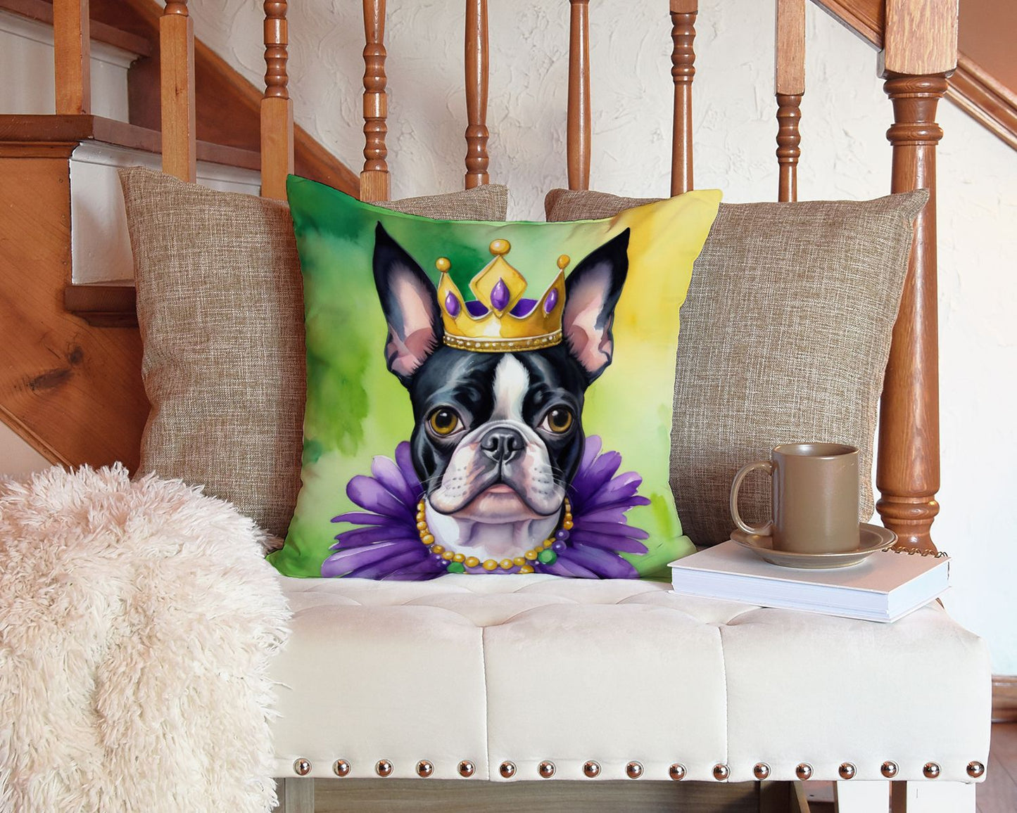 Boston Terrier King of Mardi Gras Throw Pillow Machine Washable, Indoor Outdoor Decorative Pillow for Couch, Bed or Patio, 14Hx14W