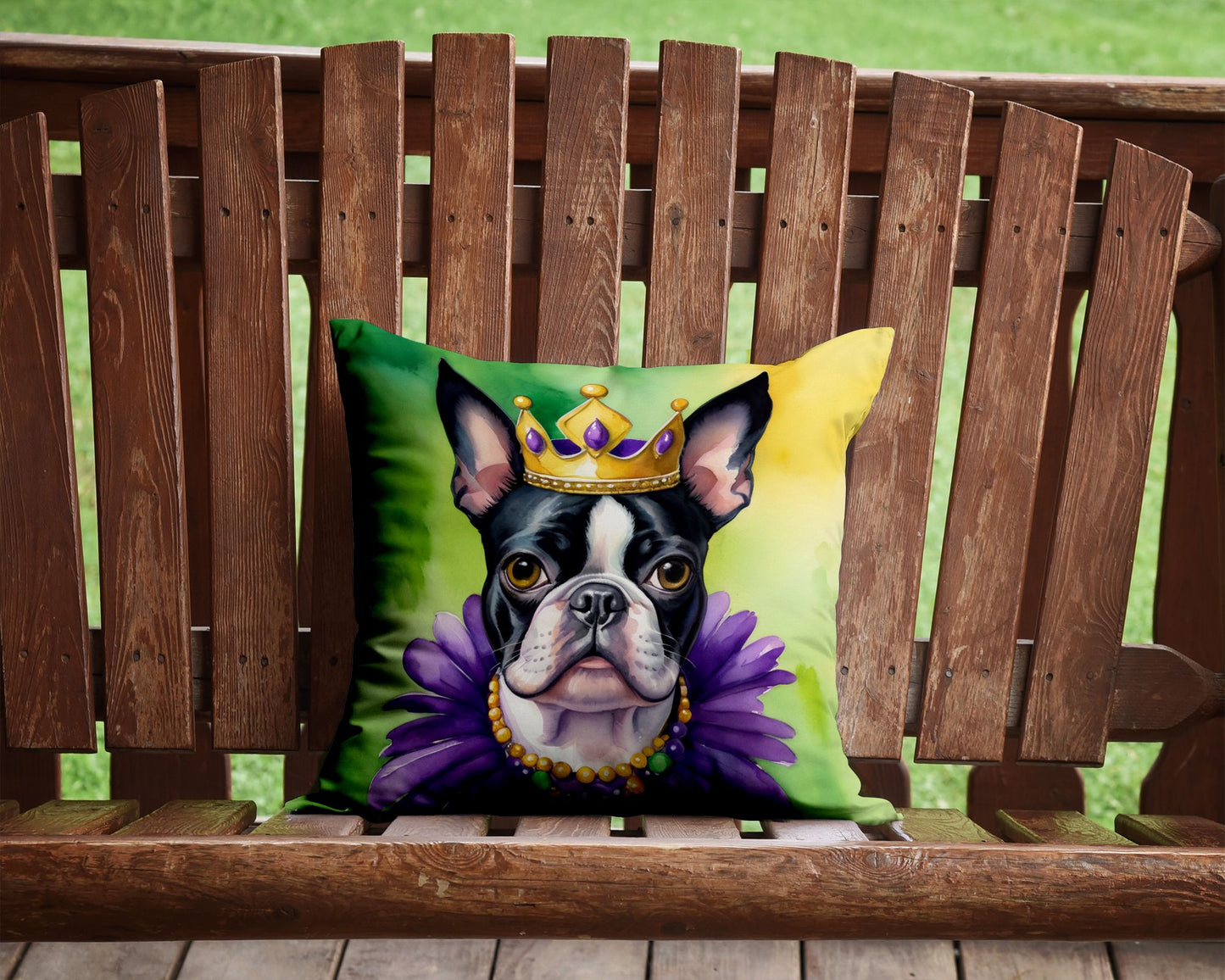 Boston Terrier King of Mardi Gras Throw Pillow Machine Washable, Indoor Outdoor Decorative Pillow for Couch, Bed or Patio, 14Hx14W