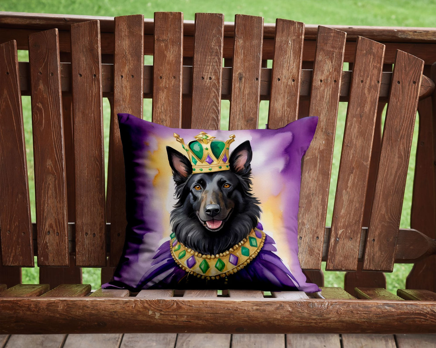 Belgian Sheepdog King of Mardi Gras Throw Pillow Machine Washable, Indoor Outdoor Decorative Pillow for Couch, Bed or Patio, 14Hx14W