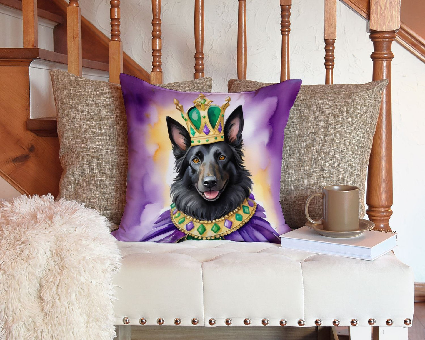 Belgian Sheepdog King of Mardi Gras Throw Pillow Machine Washable, Indoor Outdoor Decorative Pillow for Couch, Bed or Patio, 14Hx14W