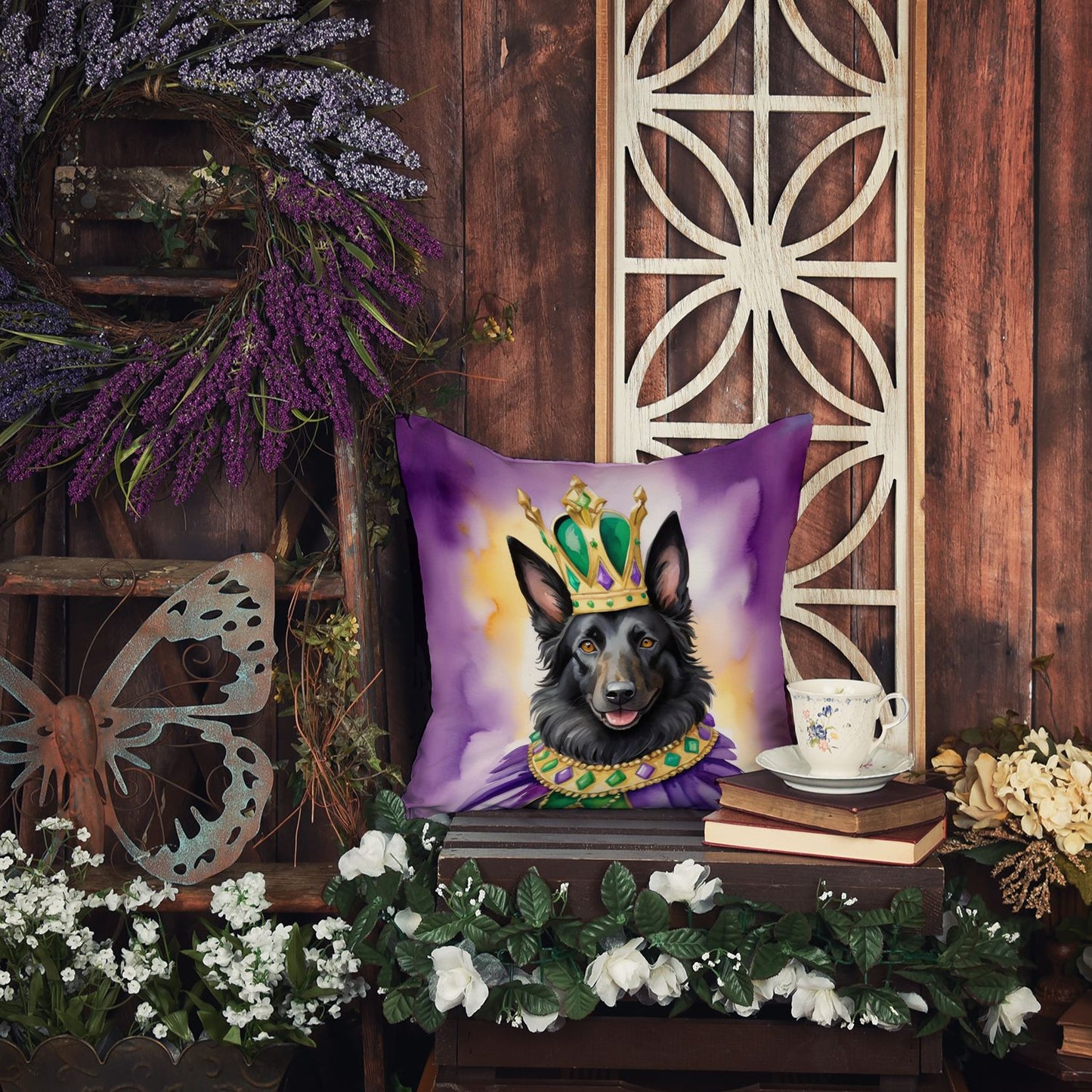 Belgian Sheepdog King of Mardi Gras Throw Pillow Machine Washable, Indoor Outdoor Decorative Pillow for Couch, Bed or Patio, 14Hx14W