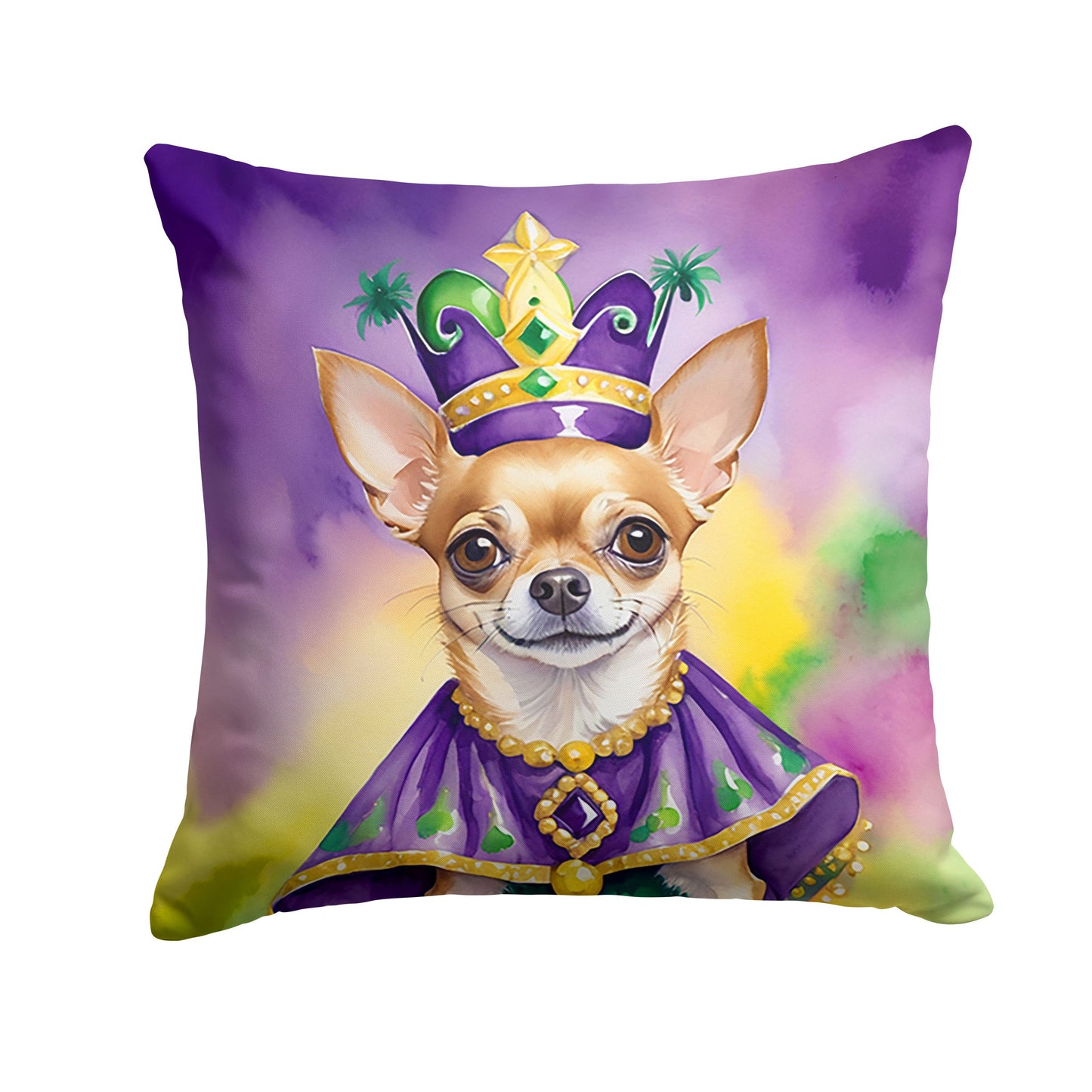 Chihuahua King of Mardi Gras Throw Pillow Machine Washable, Indoor Outdoor Decorative Pillow for Couch, Bed or Patio, 14Hx14W