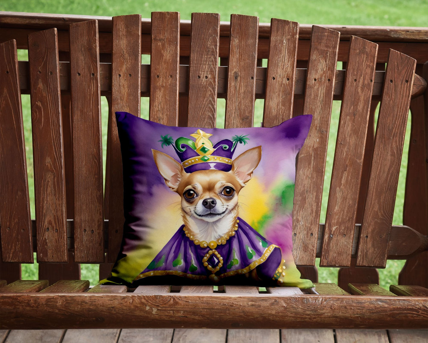 Chihuahua King of Mardi Gras Throw Pillow Machine Washable, Indoor Outdoor Decorative Pillow for Couch, Bed or Patio, 14Hx14W