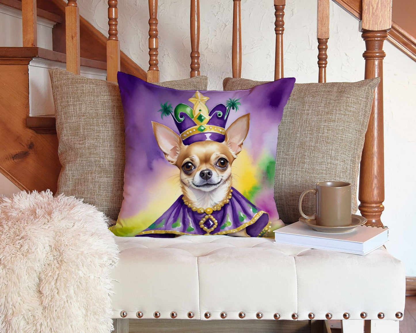 Chihuahua King of Mardi Gras Throw Pillow Machine Washable, Indoor Outdoor Decorative Pillow for Couch, Bed or Patio, 14Hx14W