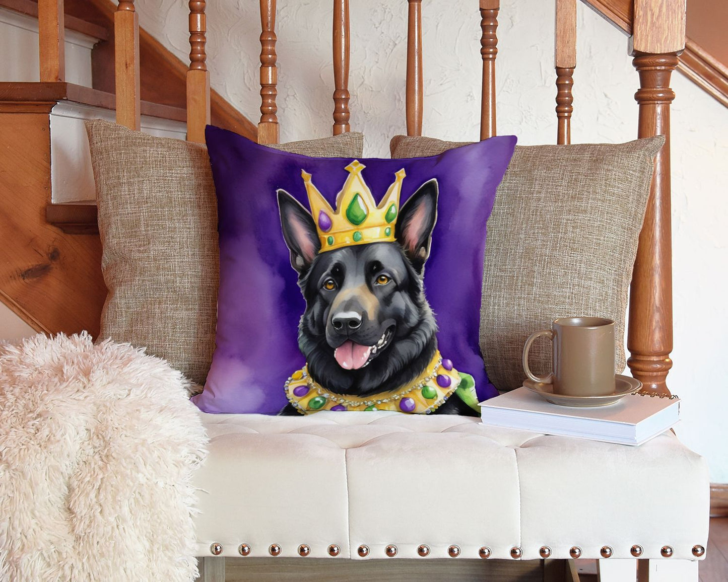 Black German Shepherd King of Mardi Gras Throw Pillow Machine Washable, Indoor Outdoor Decorative Pillow for Couch, Bed or Patio, 14Hx14W