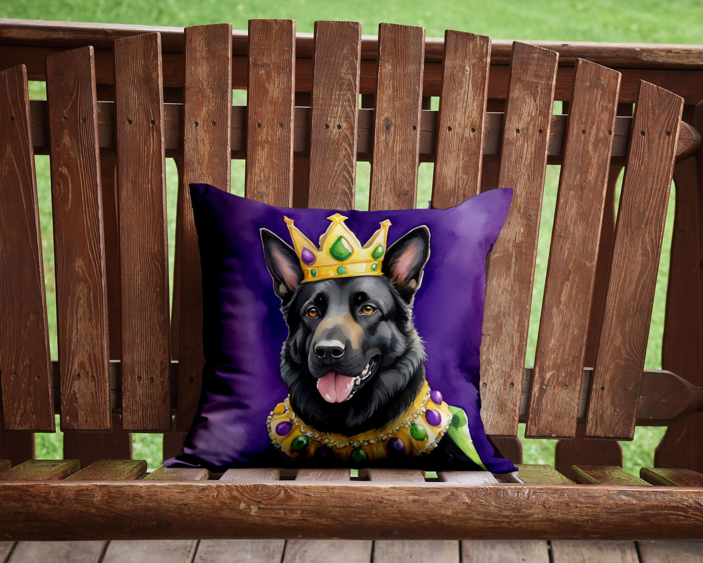 Black German Shepherd King of Mardi Gras Throw Pillow Machine Washable, Indoor Outdoor Decorative Pillow for Couch, Bed or Patio, 14Hx14W
