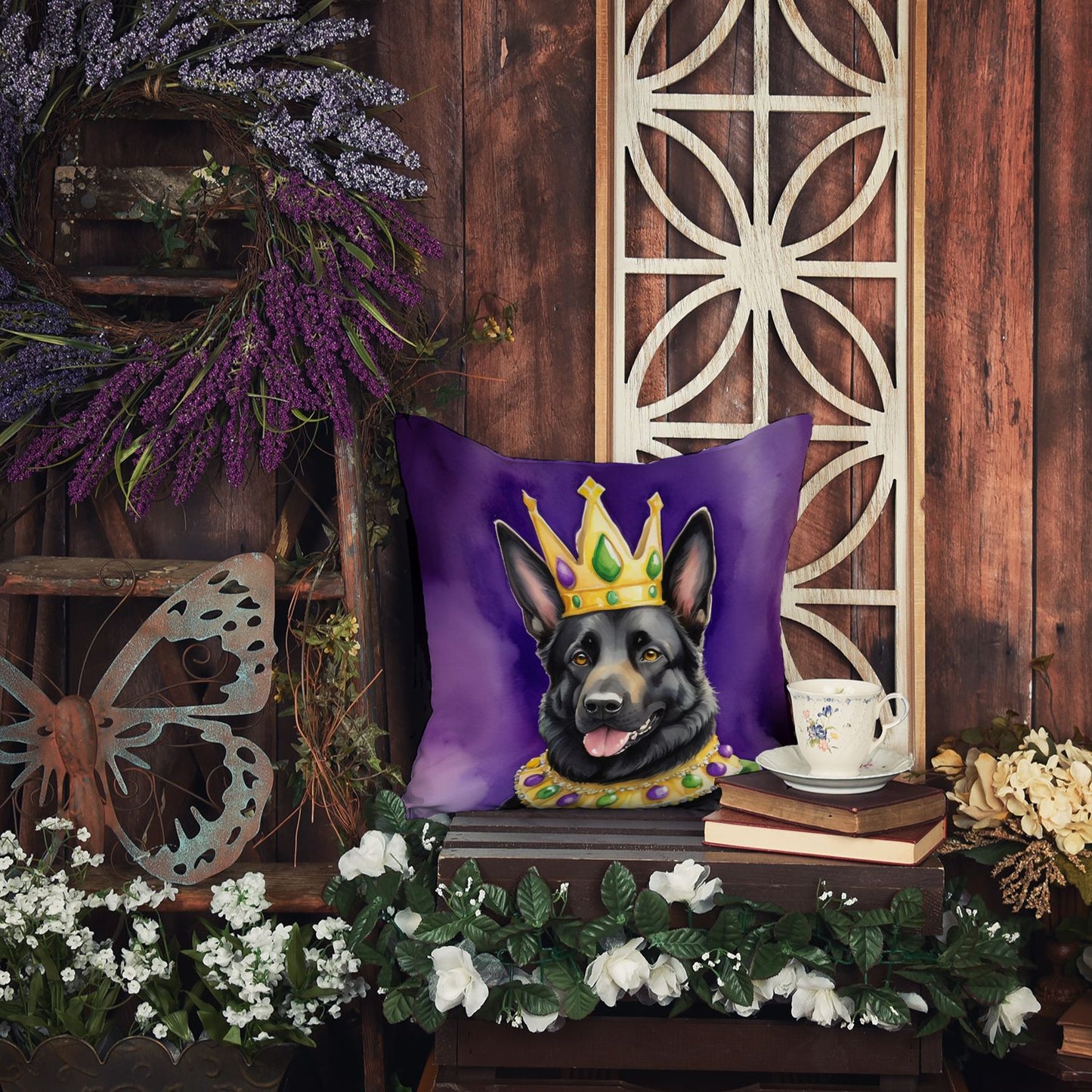 Black German Shepherd King of Mardi Gras Throw Pillow Machine Washable, Indoor Outdoor Decorative Pillow for Couch, Bed or Patio, 14Hx14W