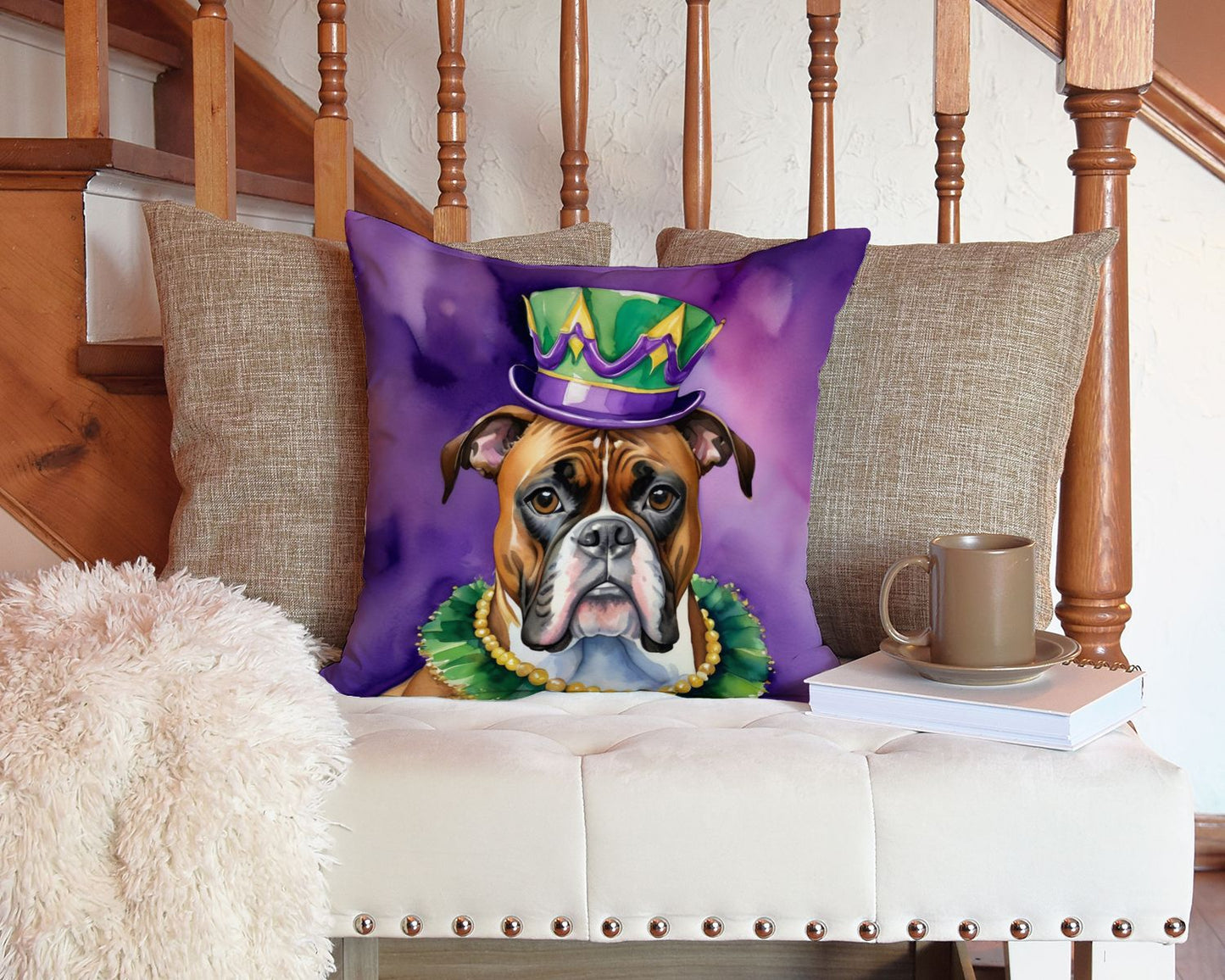 Boxer King of Mardi Gras Throw Pillow Machine Washable, Indoor Outdoor Decorative Pillow for Couch, Bed or Patio, 14Hx14W