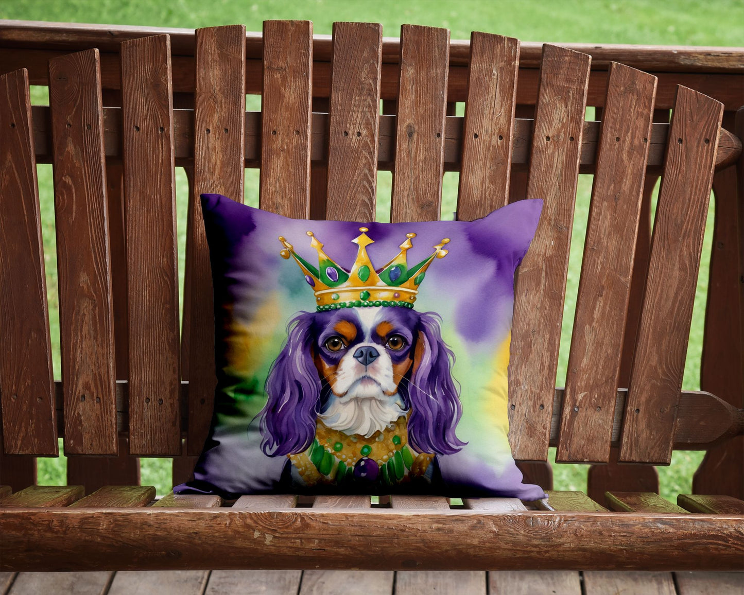 Cavalier Spaniel King of Mardi Gras Throw Pillow Machine Washable, Indoor Outdoor Decorative Pillow for Couch, Bed or Patio, 14Hx14W