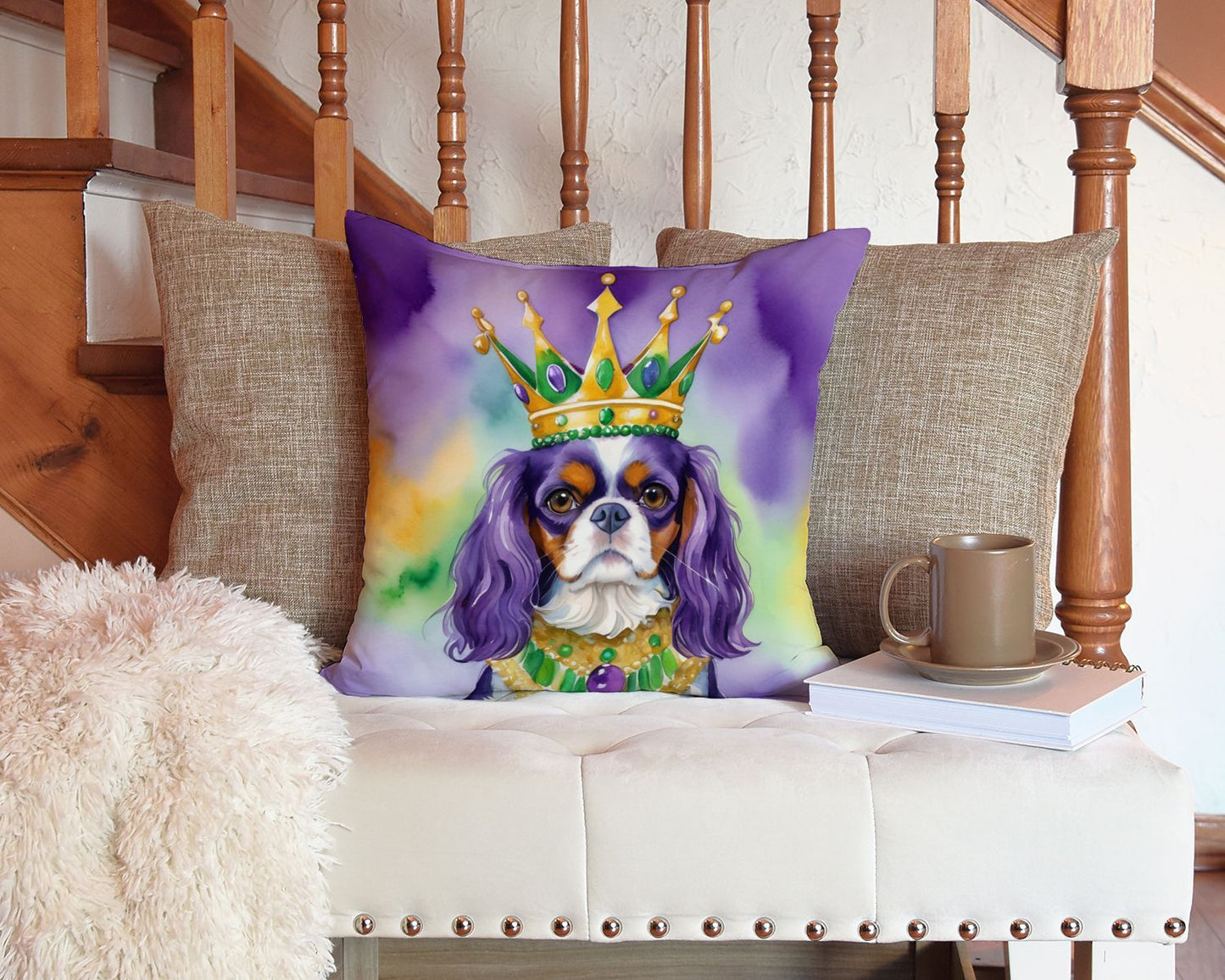 Cavalier Spaniel King of Mardi Gras Throw Pillow Machine Washable, Indoor Outdoor Decorative Pillow for Couch, Bed or Patio, 14Hx14W