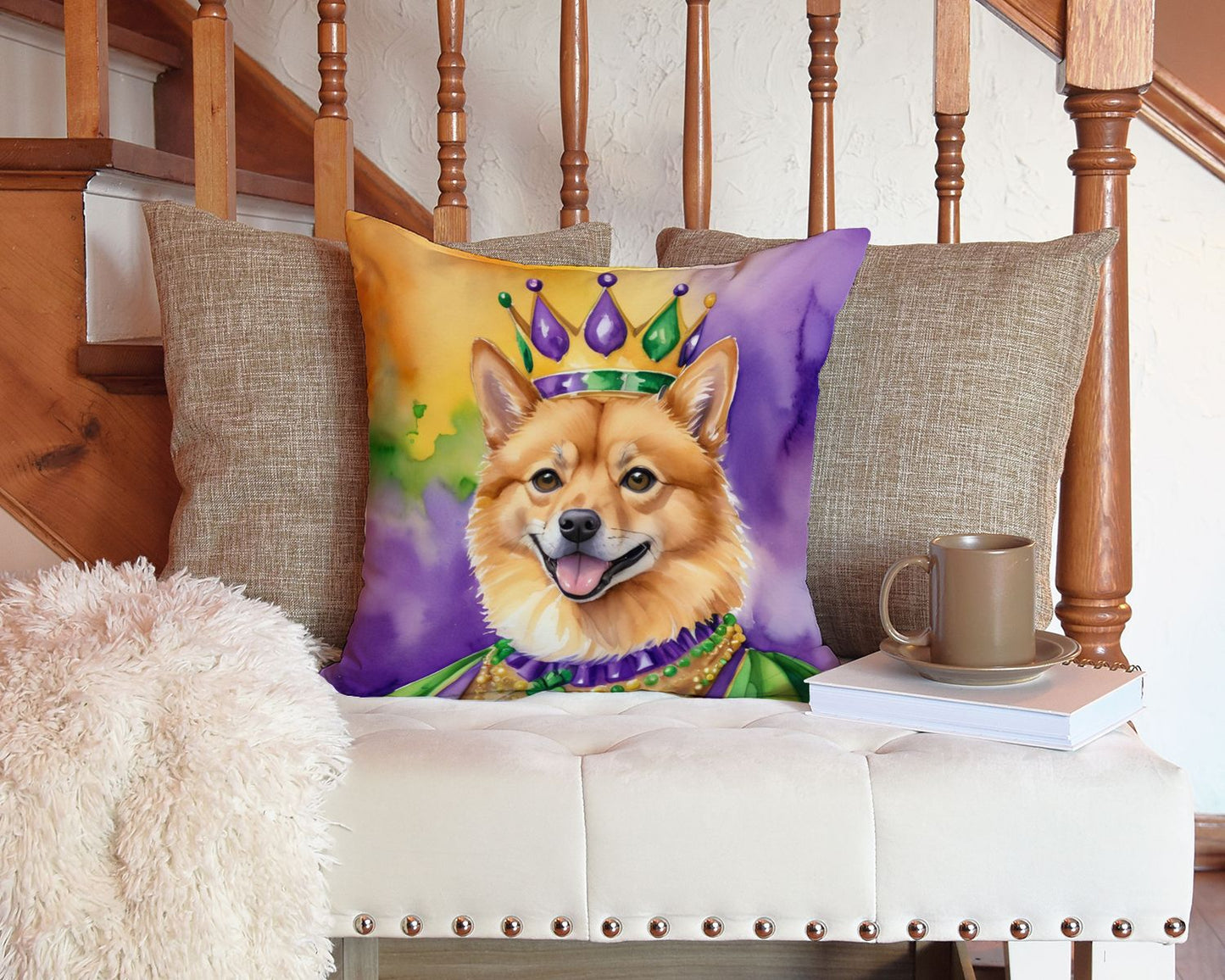 Finnish Spitz King of Mardi Gras Throw Pillow Machine Washable, Indoor Outdoor Decorative Pillow for Couch, Bed or Patio, 14Hx14W
