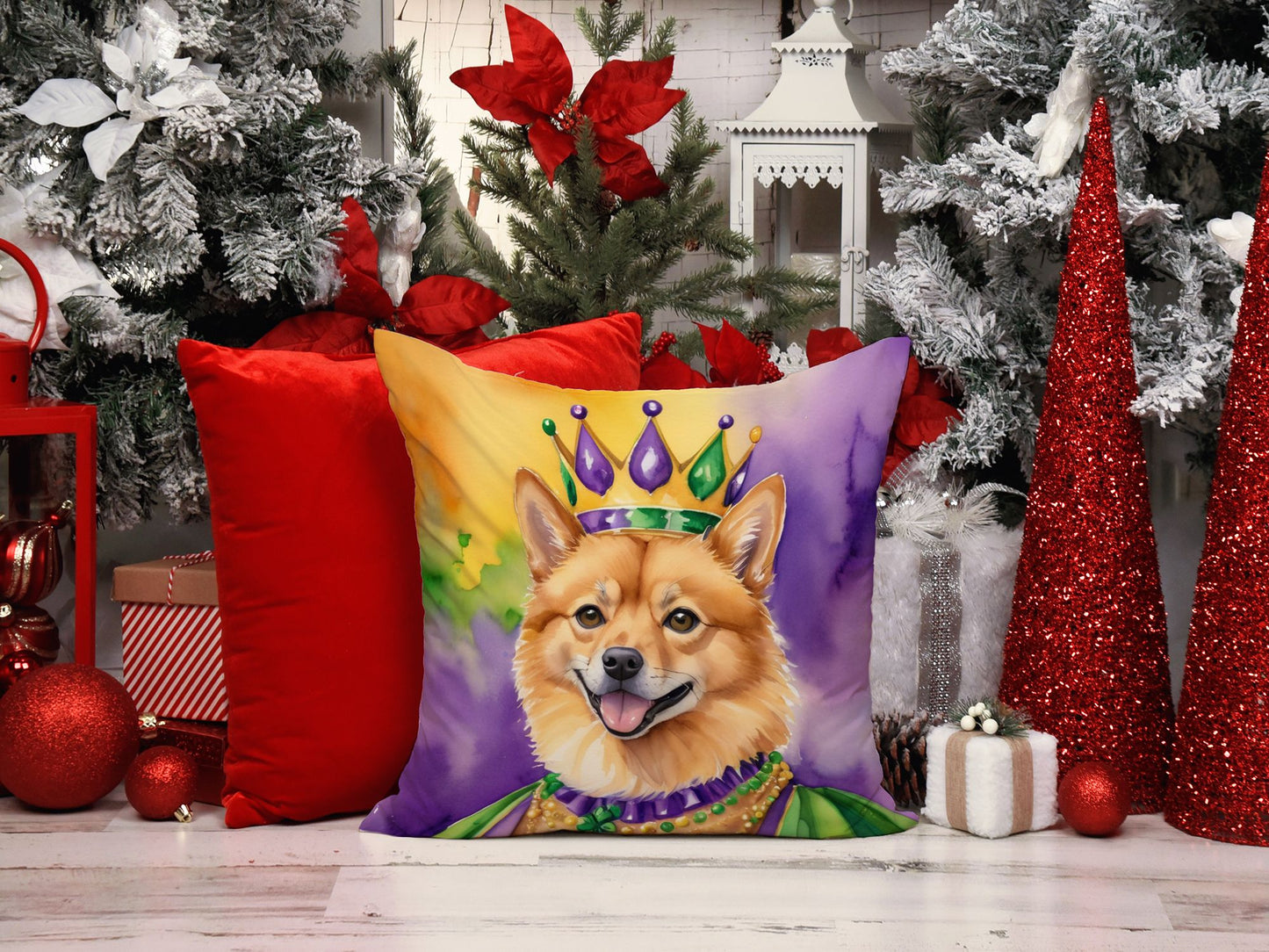 Finnish Spitz King of Mardi Gras Throw Pillow Machine Washable, Indoor Outdoor Decorative Pillow for Couch, Bed or Patio, 14Hx14W