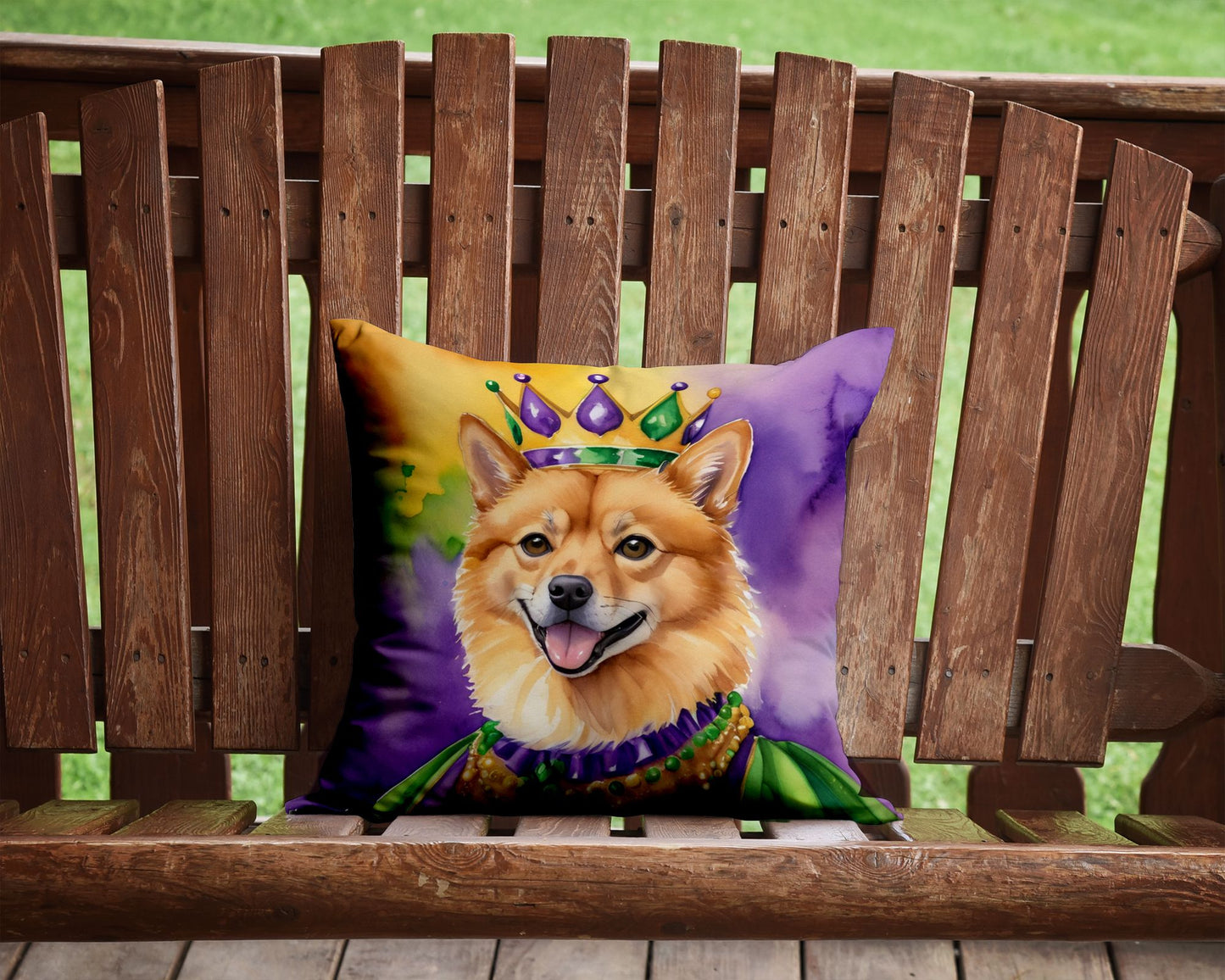 Finnish Spitz King of Mardi Gras Throw Pillow Machine Washable, Indoor Outdoor Decorative Pillow for Couch, Bed or Patio, 14Hx14W