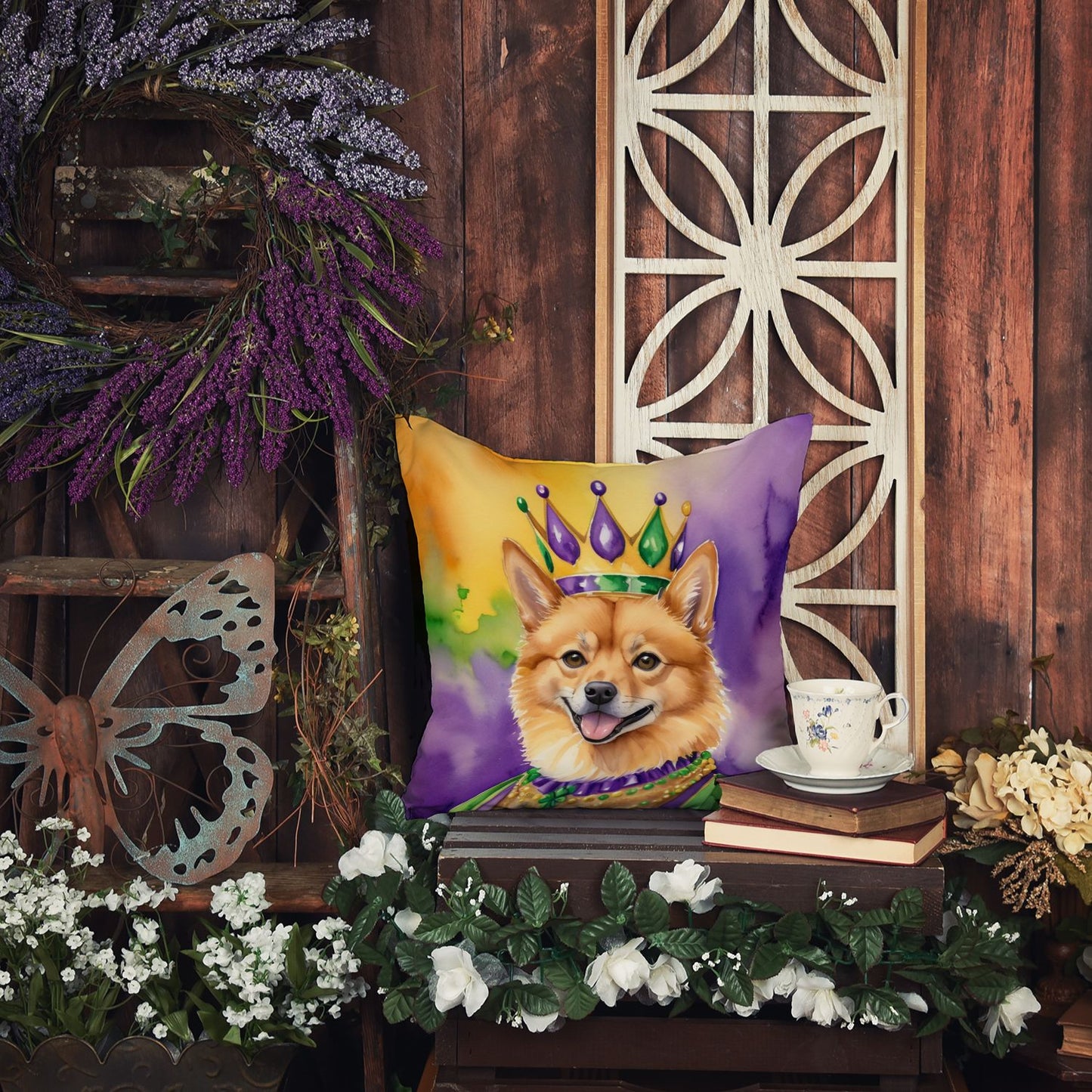 Finnish Spitz King of Mardi Gras Throw Pillow Machine Washable, Indoor Outdoor Decorative Pillow for Couch, Bed or Patio, 14Hx14W