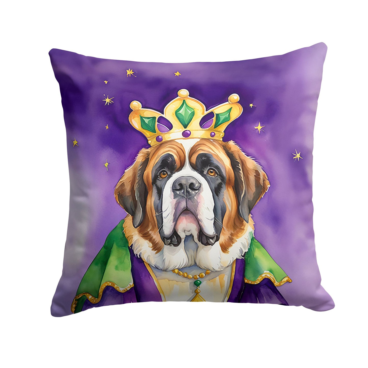 Saint Bernard King of Mardi Gras Throw Pillow Machine Washable, Indoor Outdoor Decorative Pillow for Couch, Bed or Patio, 14Hx14W