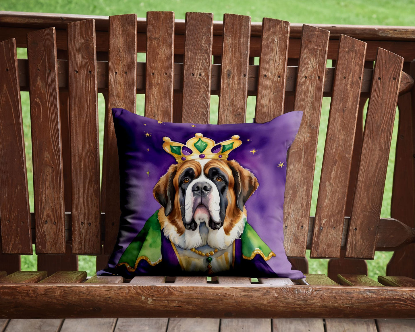 Saint Bernard King of Mardi Gras Throw Pillow Machine Washable, Indoor Outdoor Decorative Pillow for Couch, Bed or Patio, 14Hx14W