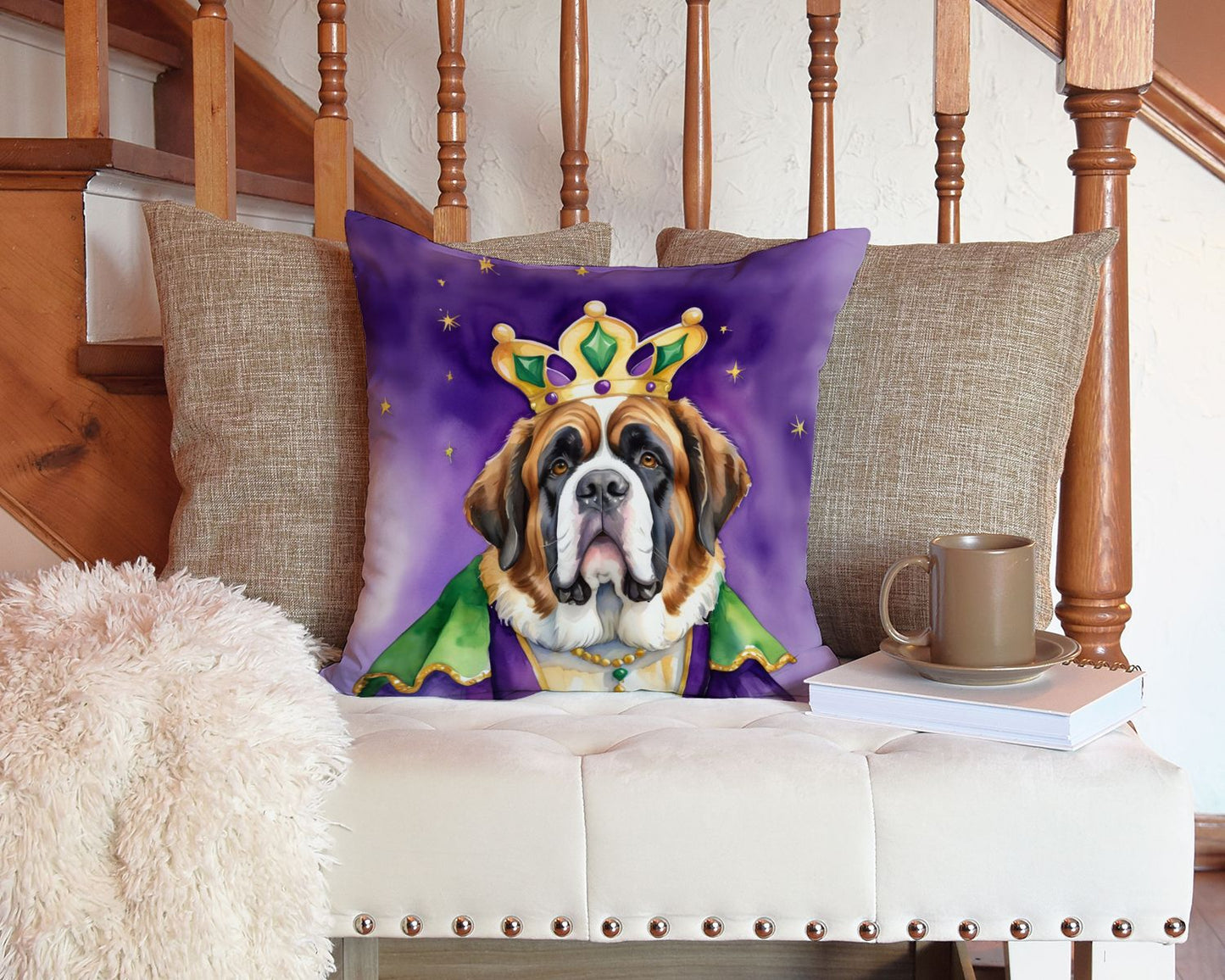 Saint Bernard King of Mardi Gras Throw Pillow Machine Washable, Indoor Outdoor Decorative Pillow for Couch, Bed or Patio, 14Hx14W