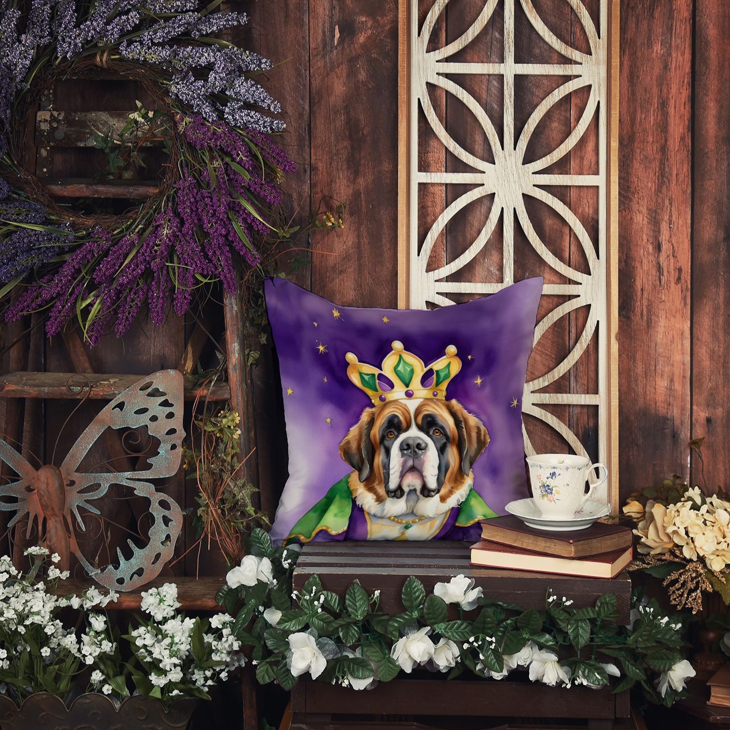 Saint Bernard King of Mardi Gras Throw Pillow Machine Washable, Indoor Outdoor Decorative Pillow for Couch, Bed or Patio, 14Hx14W