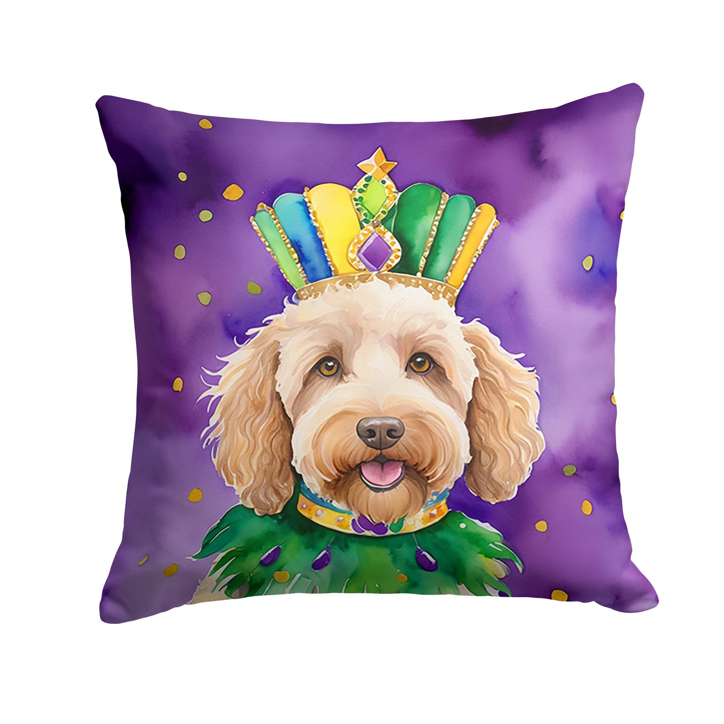 Labradoodle King of Mardi Gras Throw Pillow Machine Washable, Indoor Outdoor Decorative Pillow for Couch, Bed or Patio, 14Hx14W