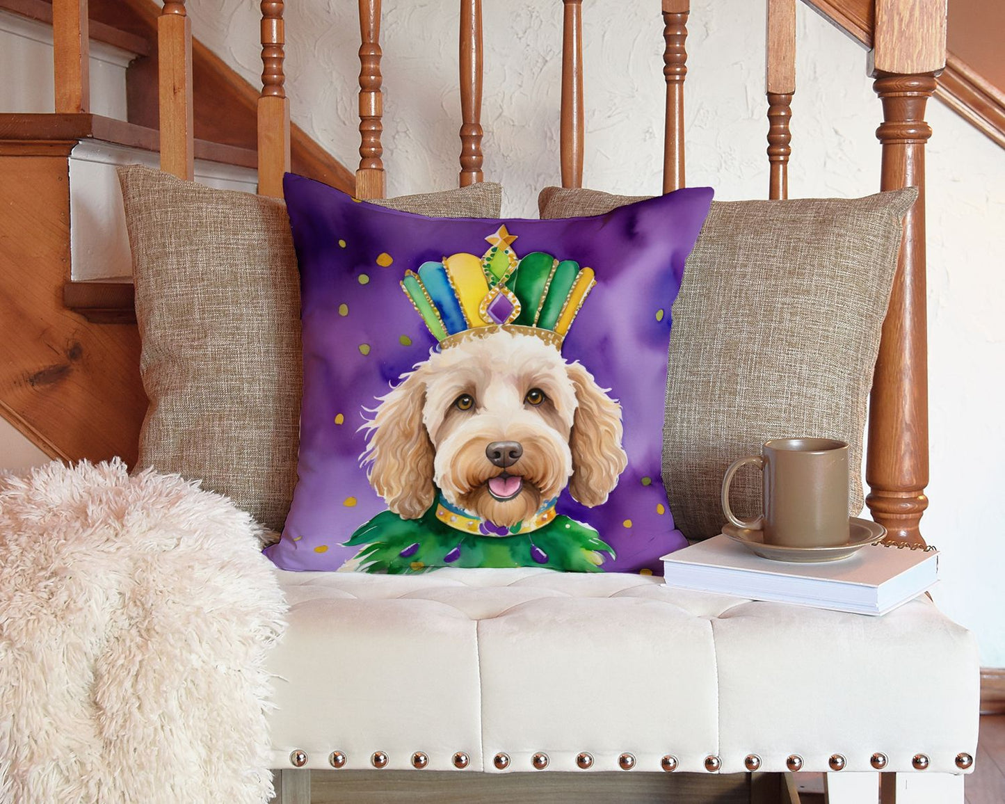 Labradoodle King of Mardi Gras Throw Pillow Machine Washable, Indoor Outdoor Decorative Pillow for Couch, Bed or Patio, 14Hx14W