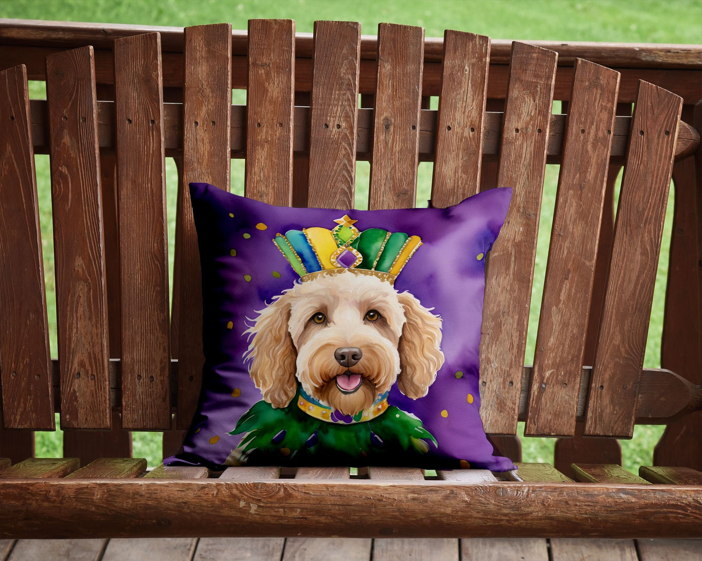 Labradoodle King of Mardi Gras Throw Pillow Machine Washable, Indoor Outdoor Decorative Pillow for Couch, Bed or Patio, 14Hx14W