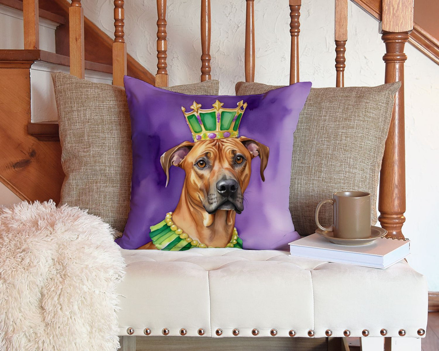 Rhodesian Ridgeback King of Mardi Gras Throw Pillow Machine Washable, Indoor Outdoor Decorative Pillow for Couch, Bed or Patio, 14Hx14W