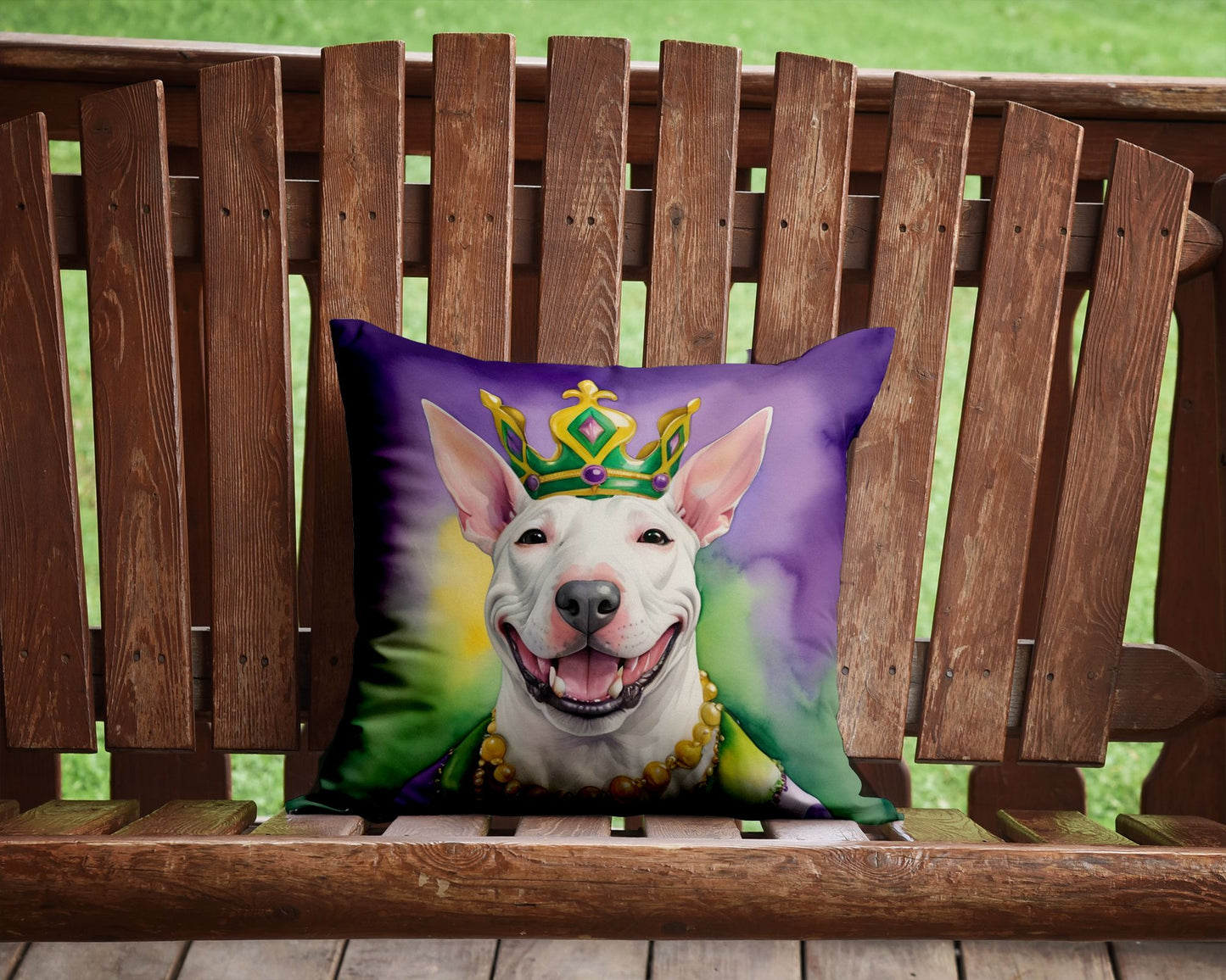 Bull Terrier King of Mardi Gras Throw Pillow Machine Washable, Indoor Outdoor Decorative Pillow for Couch, Bed or Patio, 14Hx14W