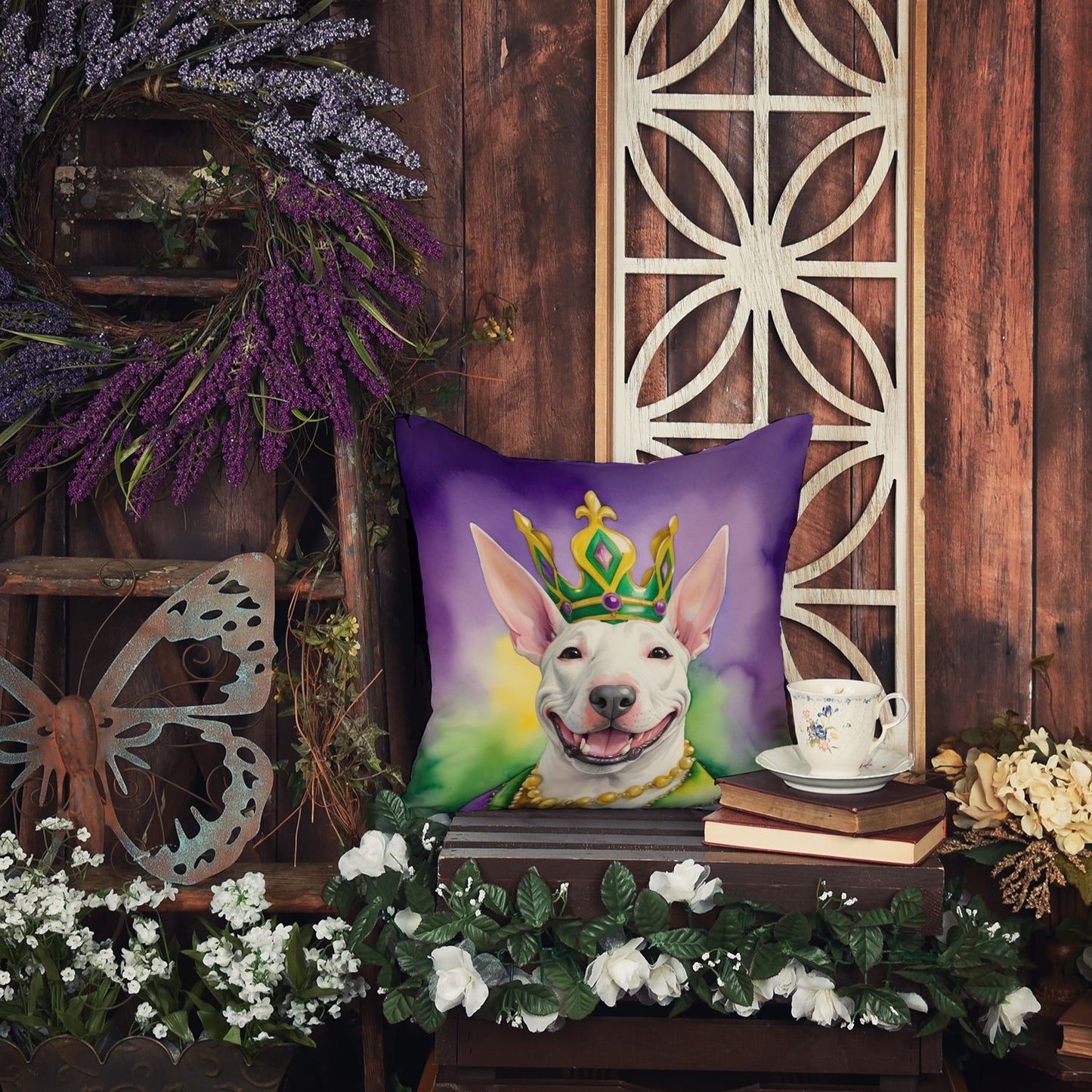 Bull Terrier King of Mardi Gras Throw Pillow Machine Washable, Indoor Outdoor Decorative Pillow for Couch, Bed or Patio, 14Hx14W