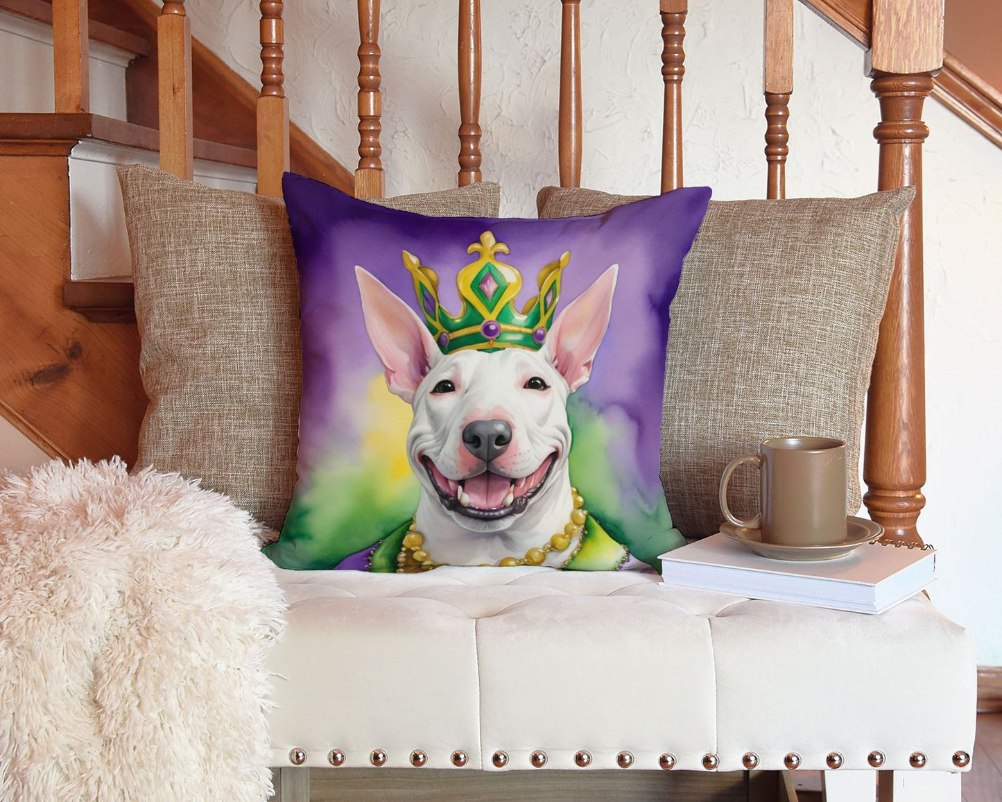 Bull Terrier King of Mardi Gras Throw Pillow Machine Washable, Indoor Outdoor Decorative Pillow for Couch, Bed or Patio, 14Hx14W